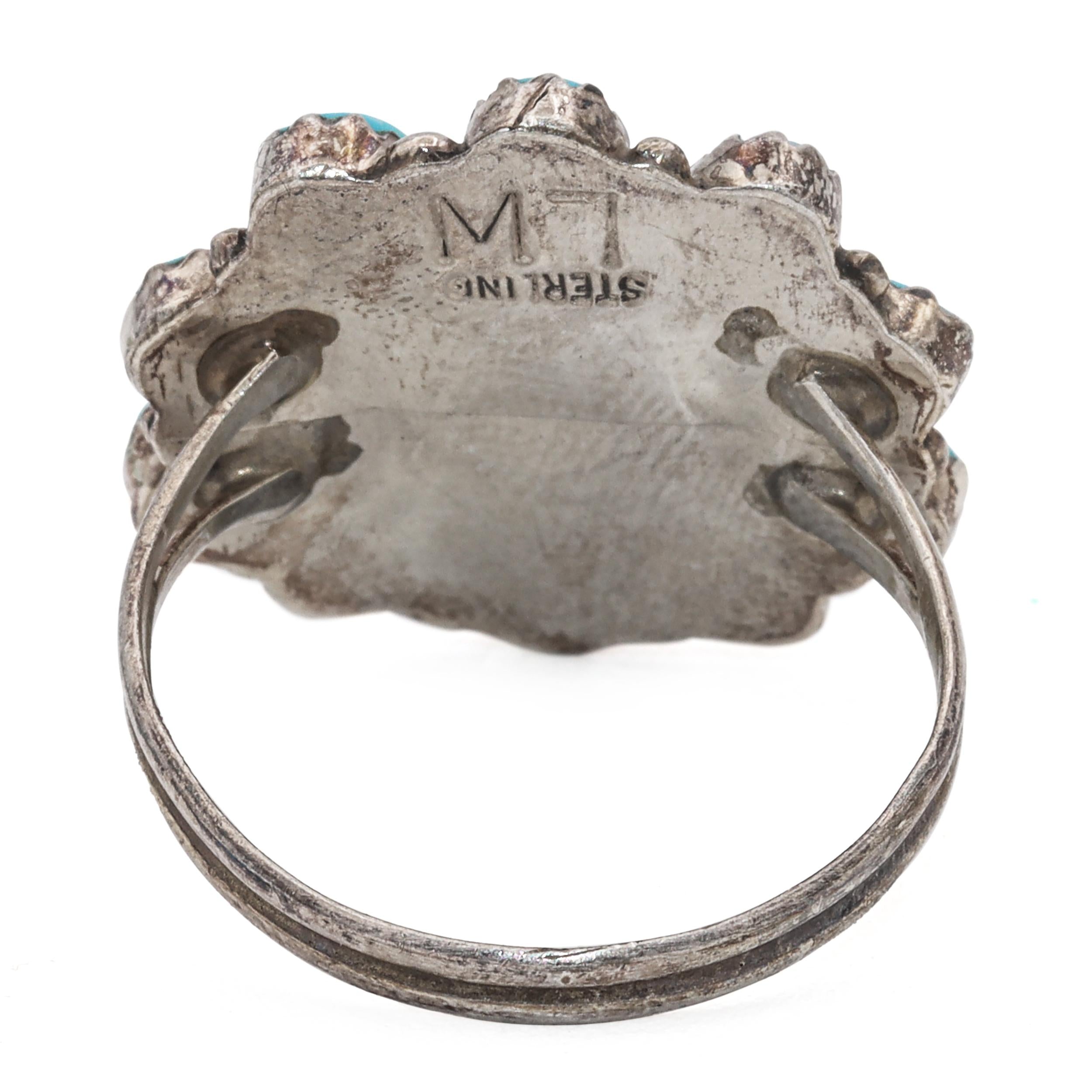 Vintage Native American LW Signed Sterling Silver Turquoise Flower Ring