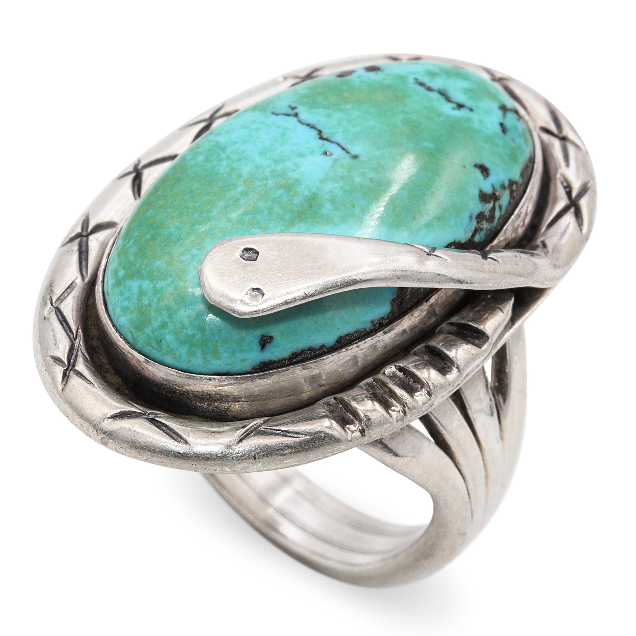 Vintage Native American Sterling Silver Turquoise Snake Statement Ring
