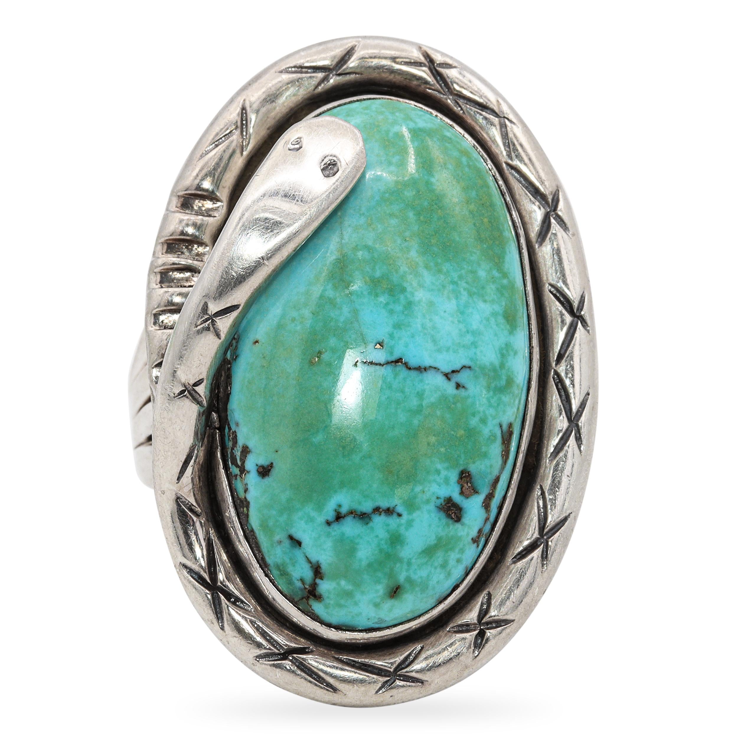 Vintage Native American Sterling Silver Turquoise Snake Statement Ring