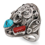 Vintage Native American Sterling Silver Turquoise & Coral Bear Statement Ring