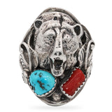 Vintage Native American Sterling Silver Turquoise & Coral Bear Statement Ring