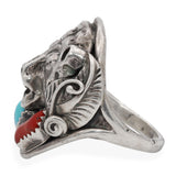Vintage Native American Sterling Silver Turquoise & Coral Bear Statement Ring