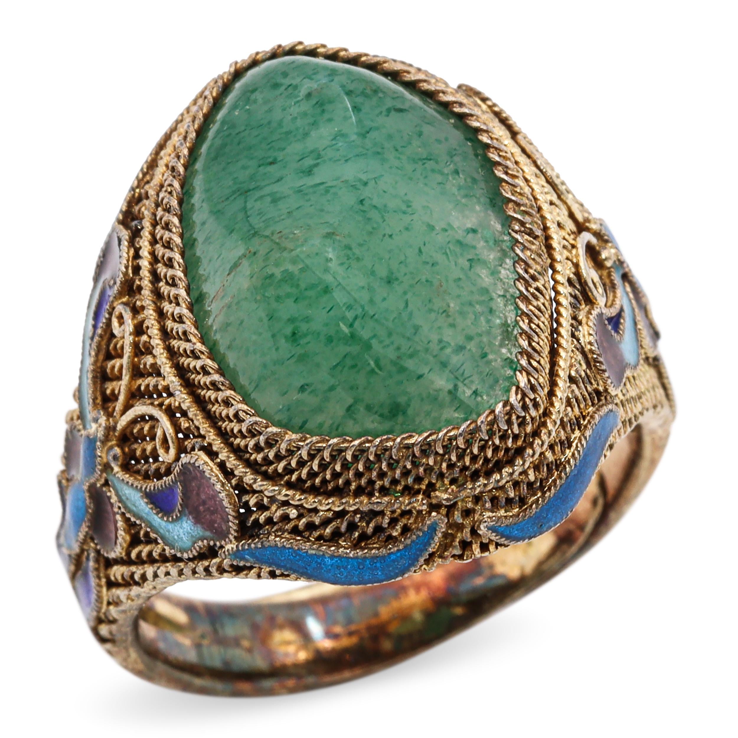 Antique Chinese Export Vermeil Silver Aventurine Enamel Filigree Ring