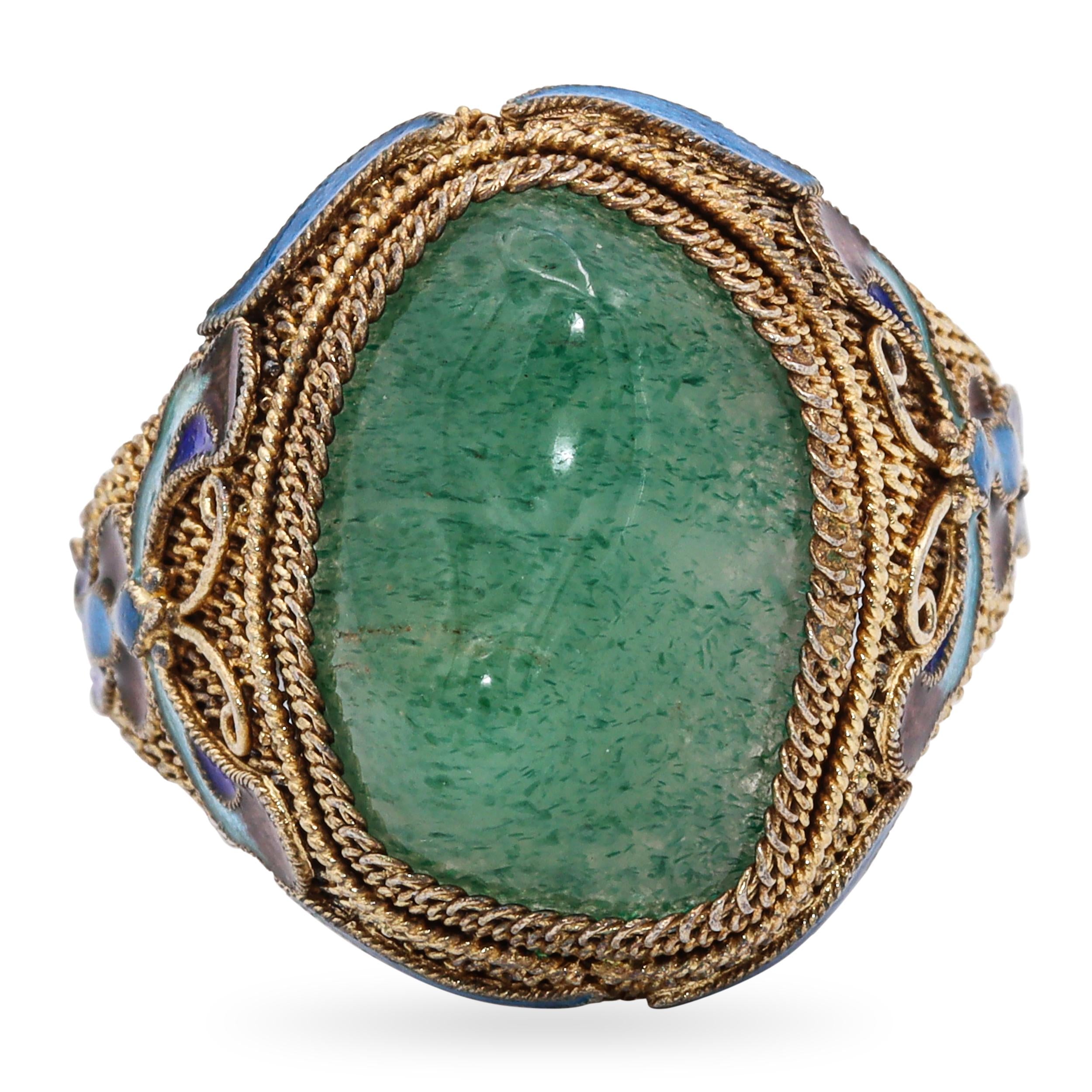 Antique Chinese Export Vermeil Silver Aventurine Enamel Filigree Ring
