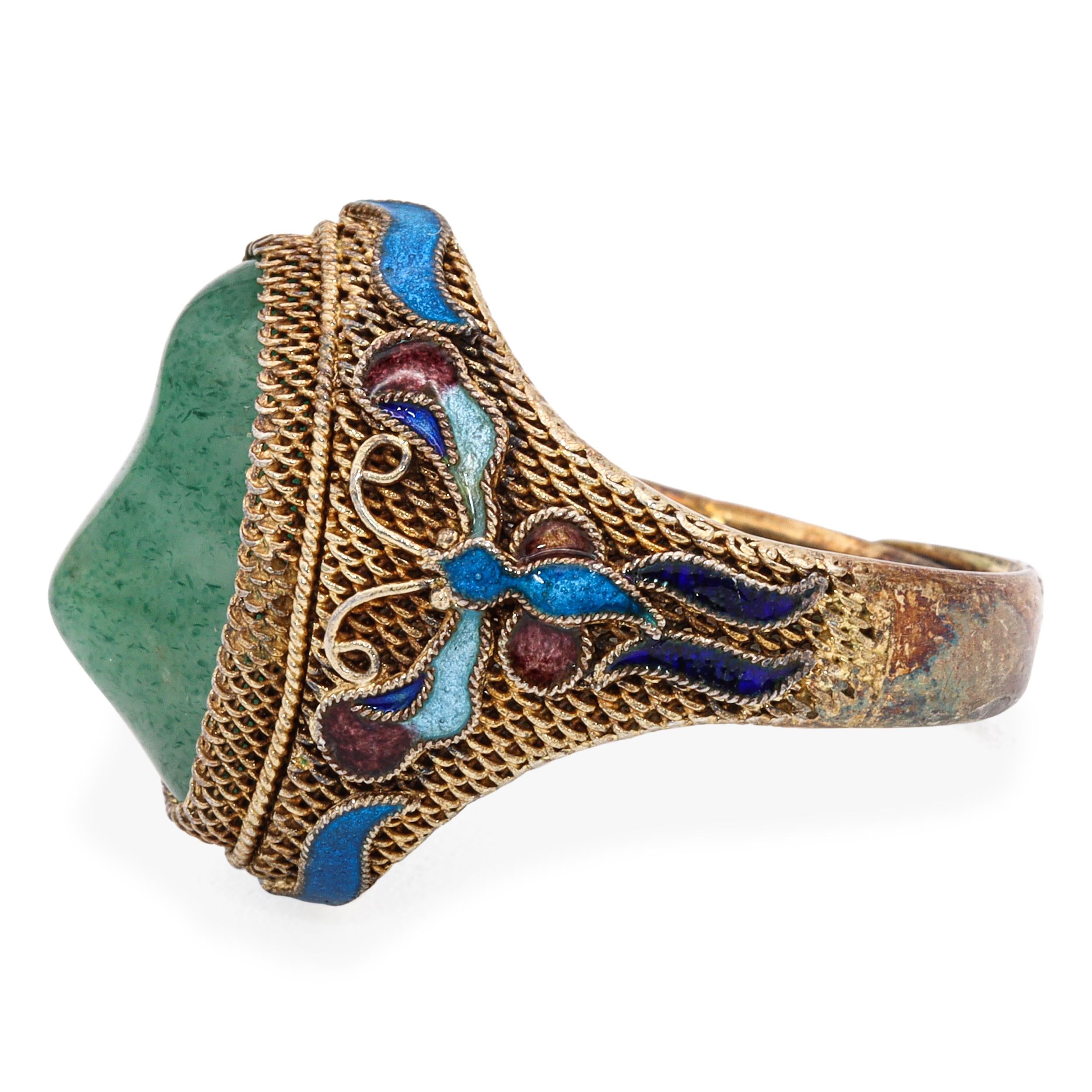 Antique Chinese Export Vermeil Silver Aventurine Enamel Filigree Ring