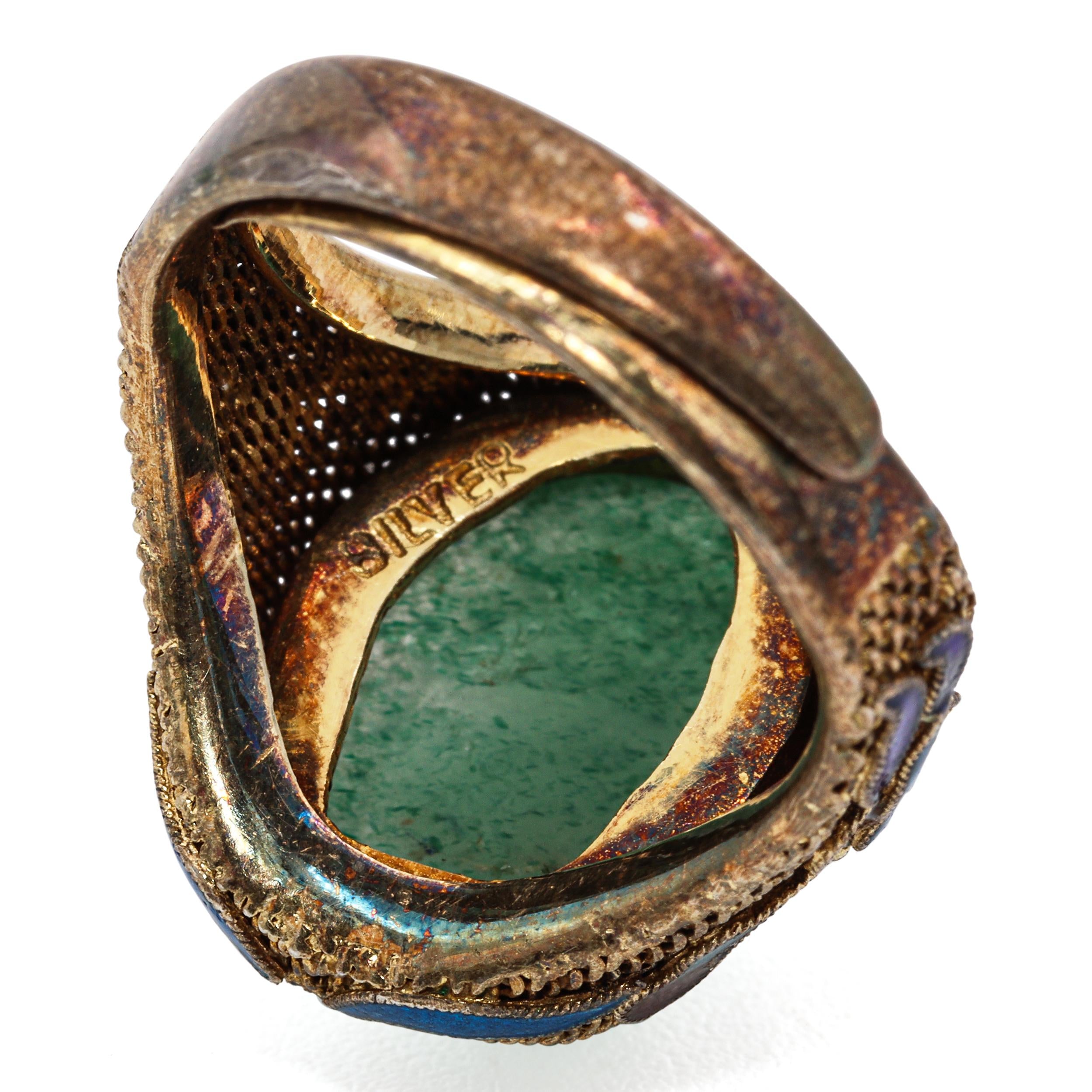 Antique Chinese Export Vermeil Silver Aventurine Enamel Filigree Ring