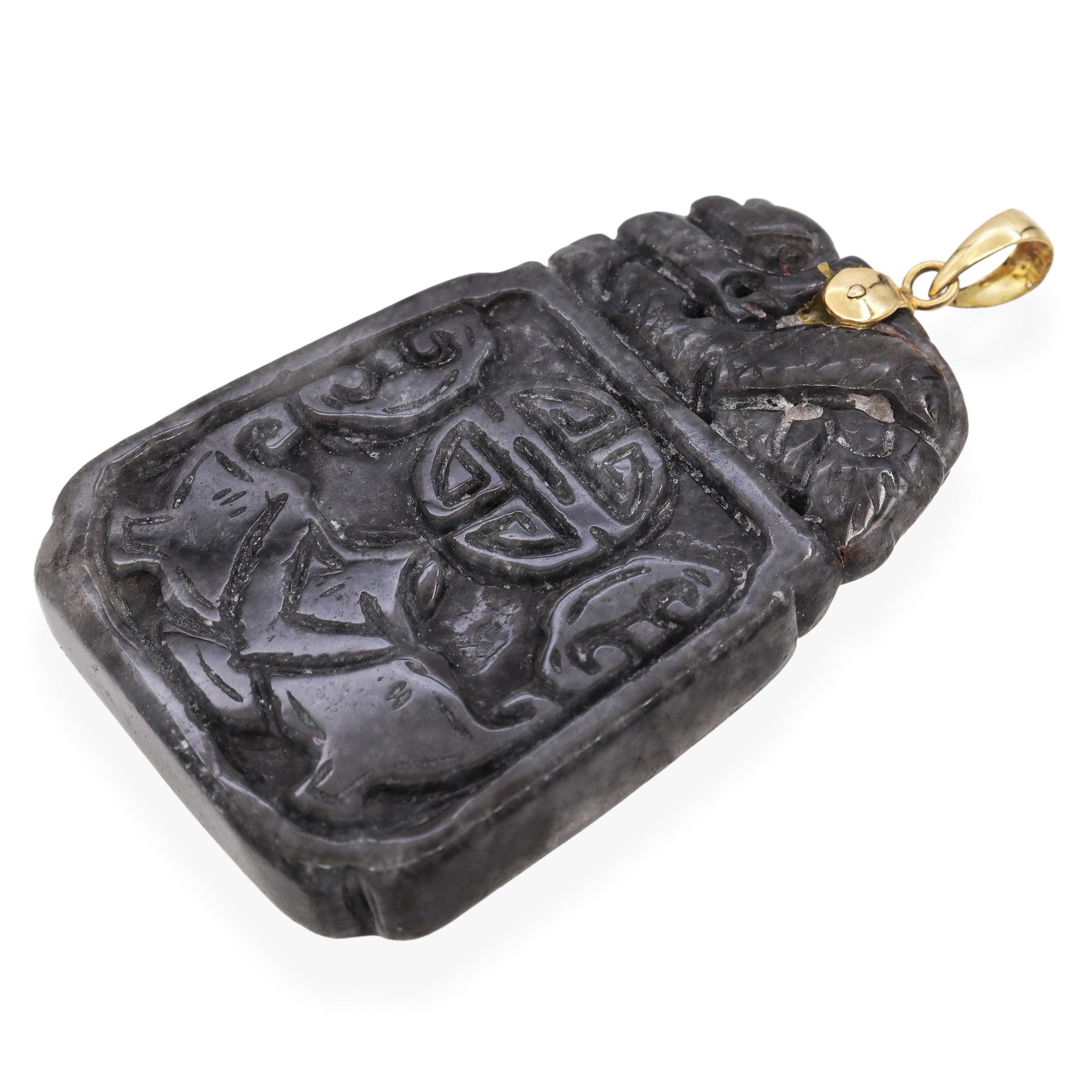 Vintage 14K Yellow Gold Carved Jade Auspicious Symbol Pendant