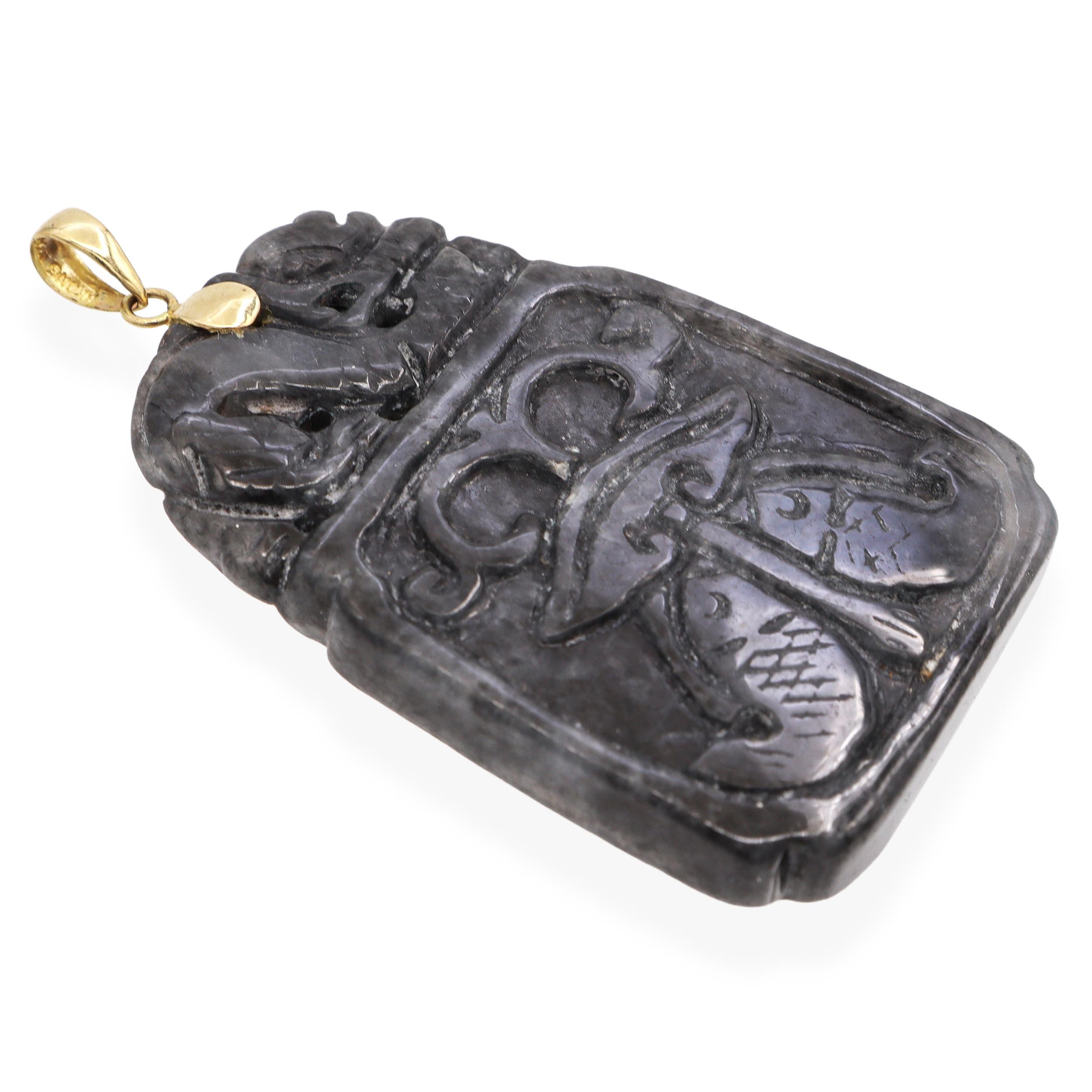 Vintage 14K Yellow Gold Carved Jade Auspicious Symbol Pendant