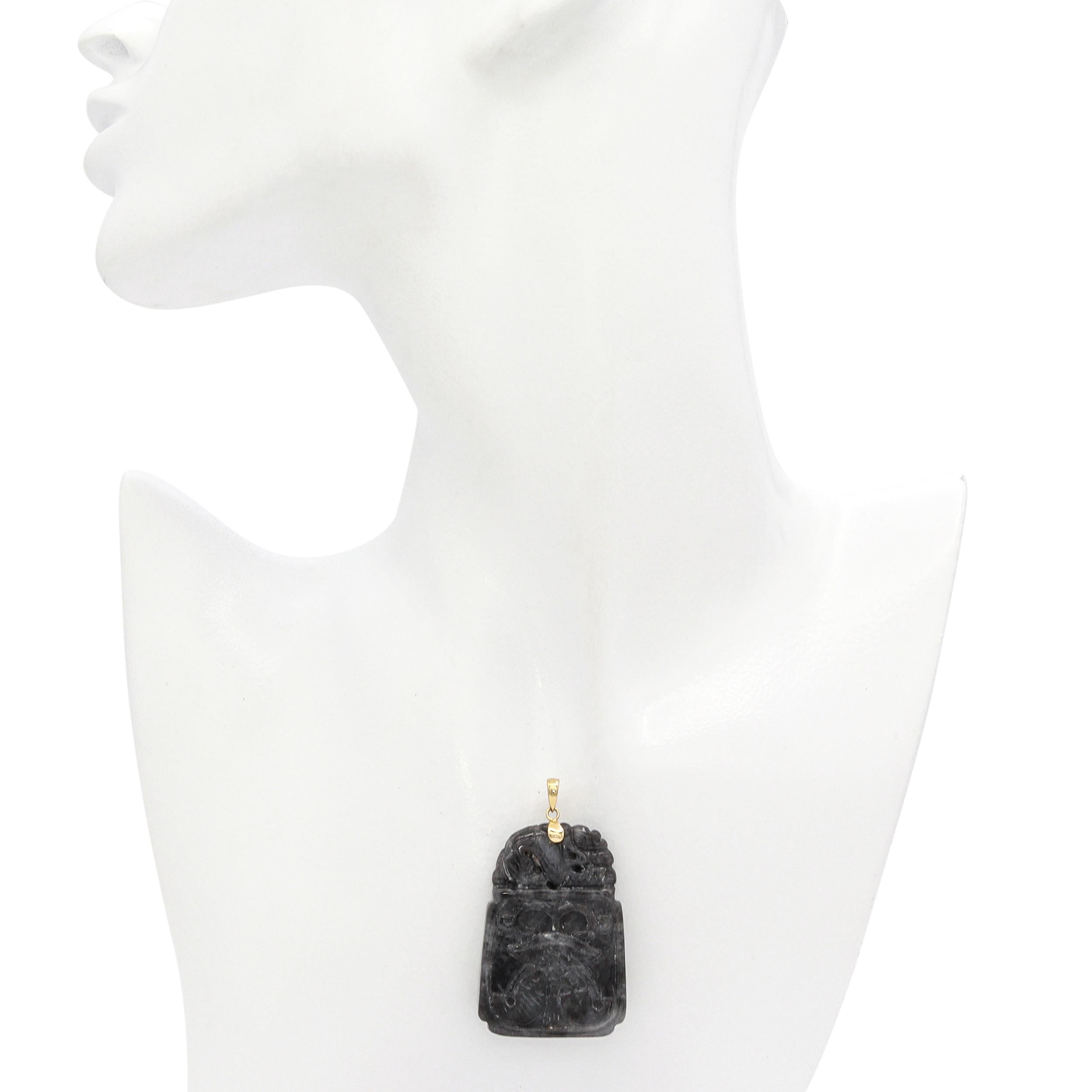 Vintage 14K Yellow Gold Carved Jade Auspicious Symbol Pendant