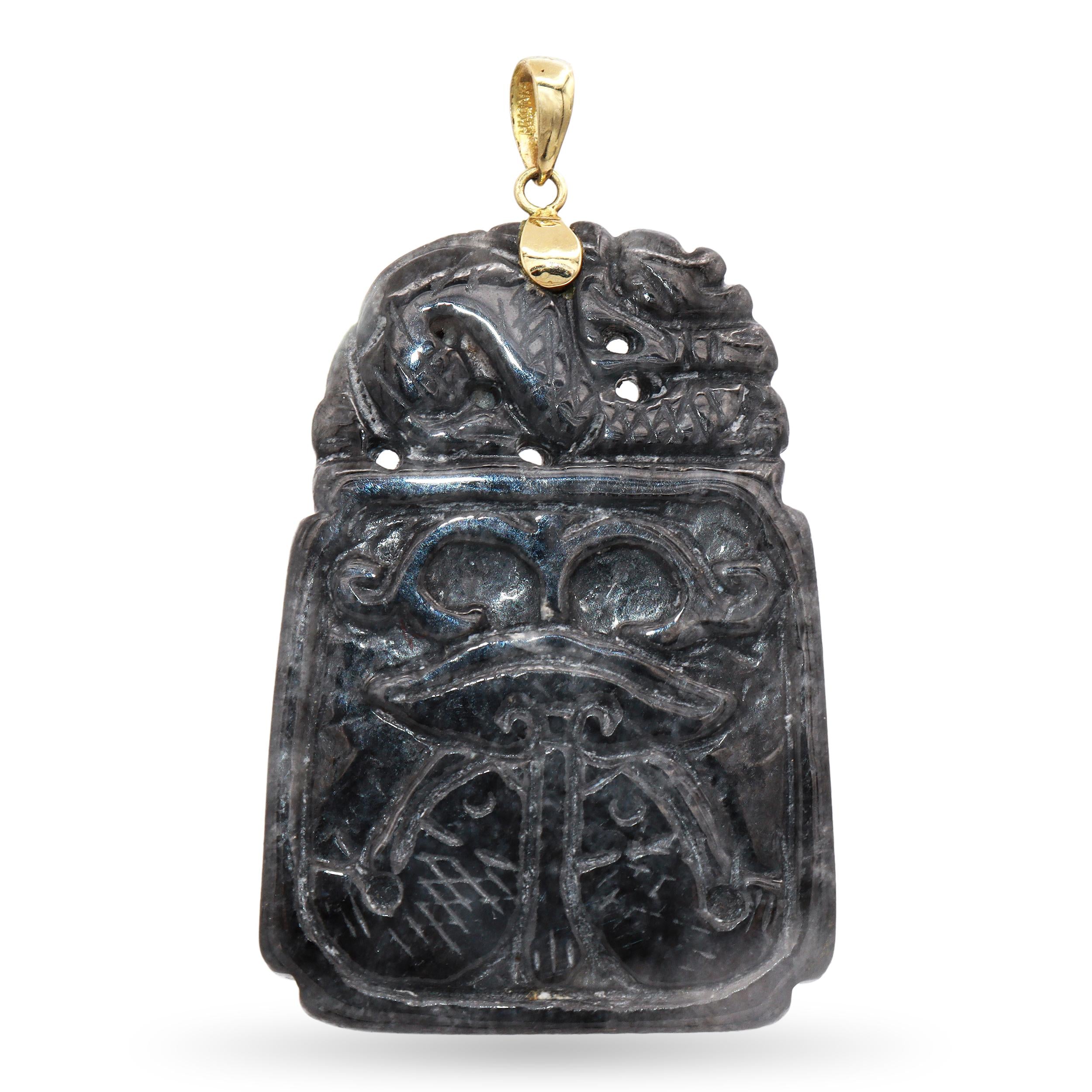 Vintage 14K Yellow Gold Carved Jade Auspicious Symbol Pendant