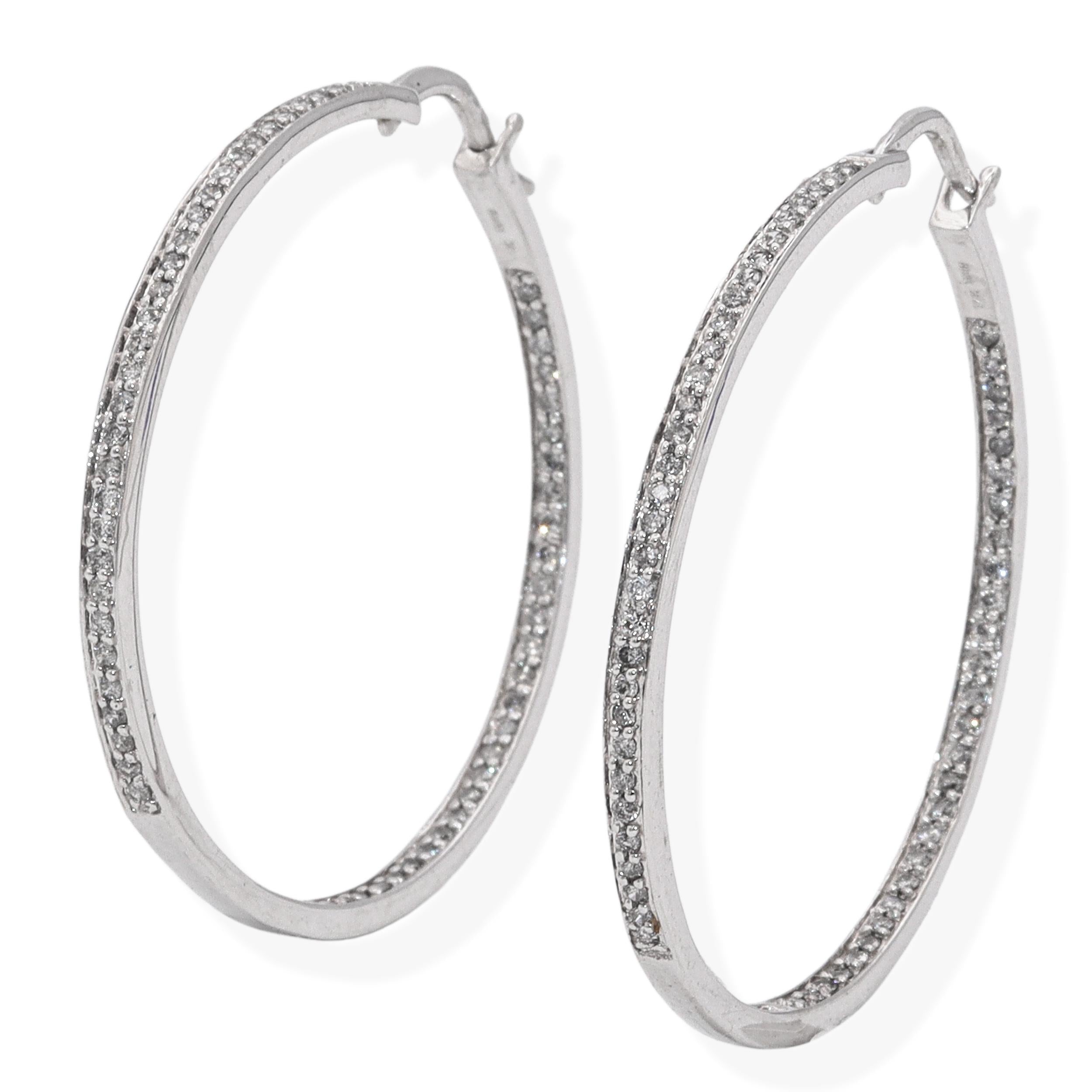 14k White Gold 1.05tcw Diamond Hoop Earrings