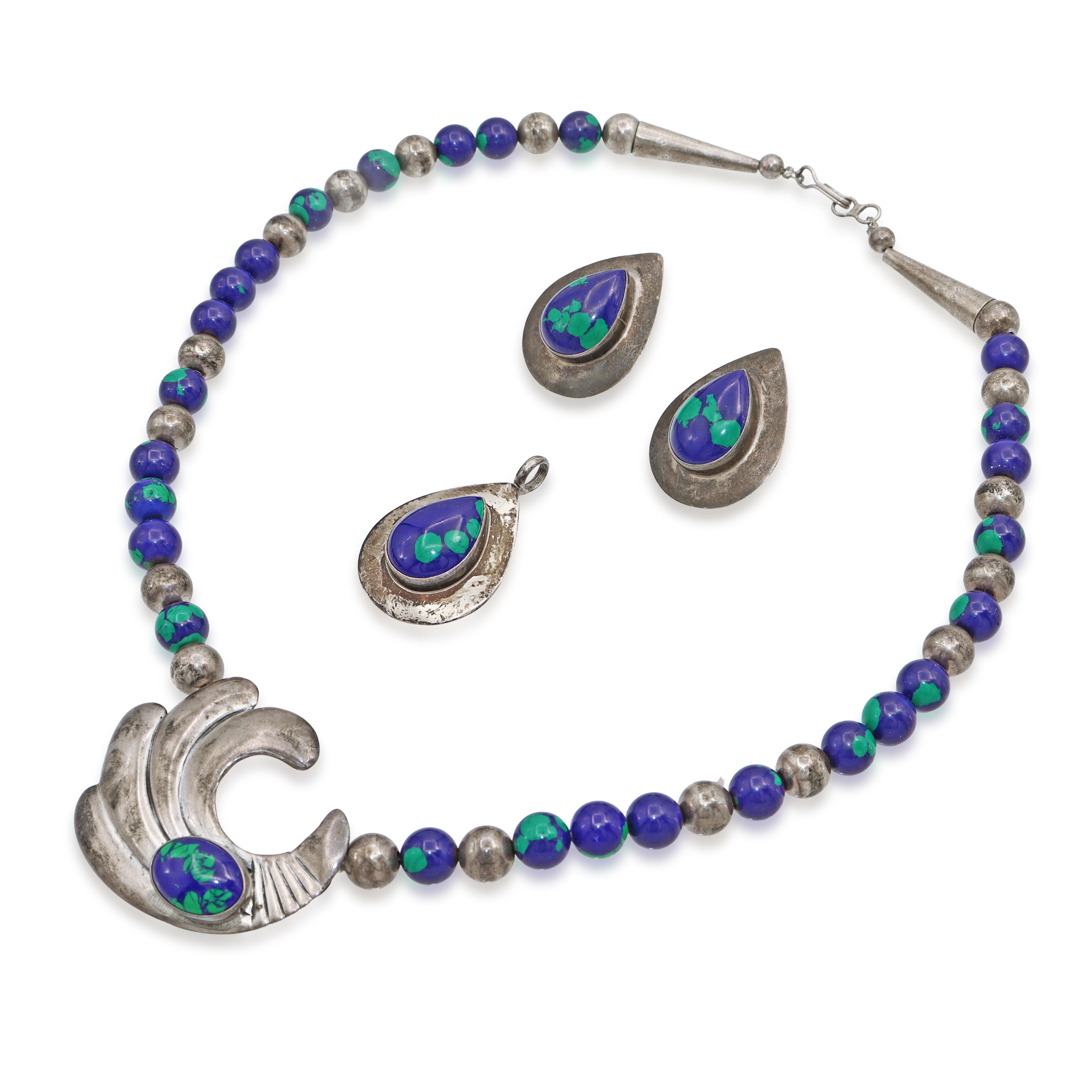Vintage Southwestern Sterling Silver Azurite Malachite Necklace & Earring Set