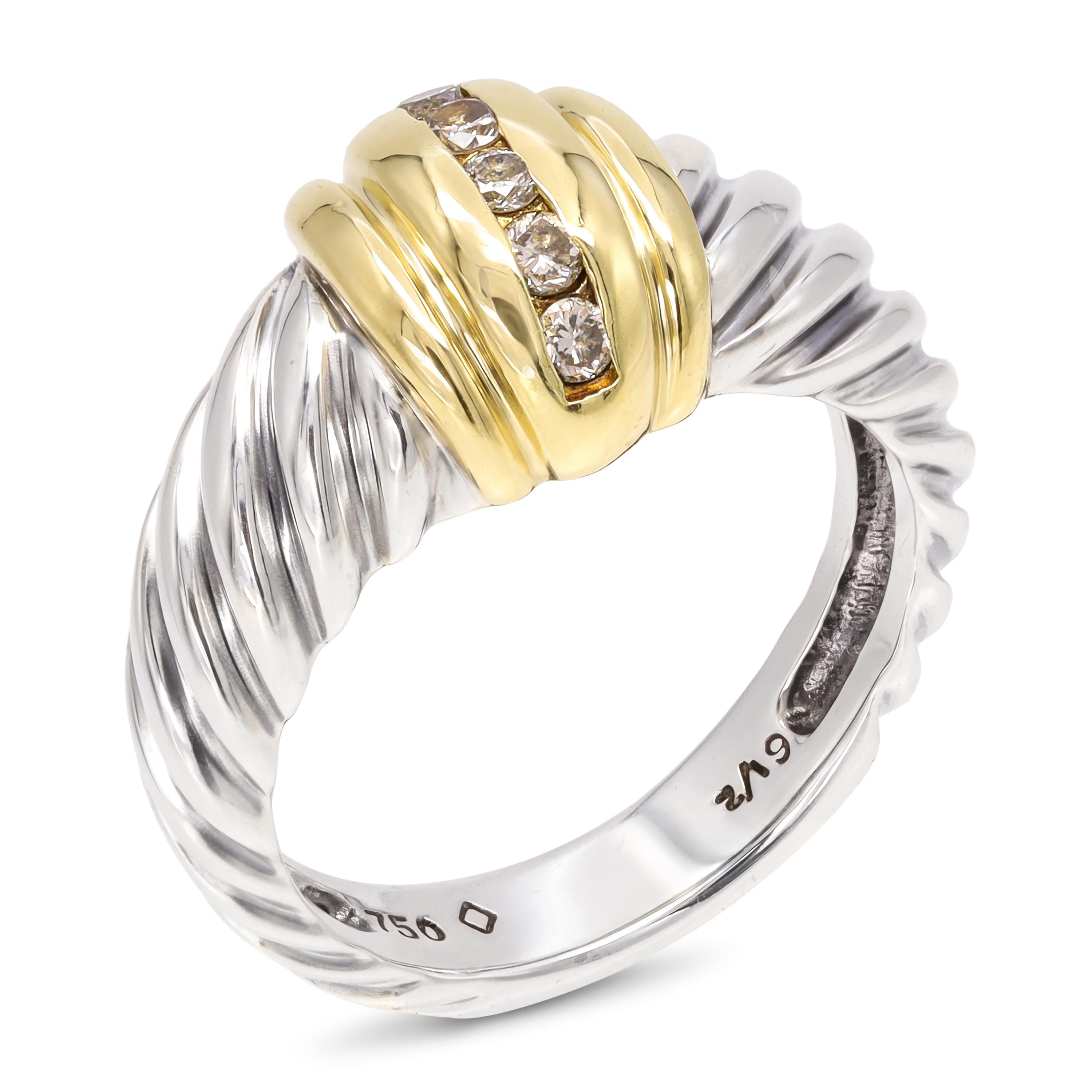 David Yurman Sterling Silver 18k Yellow Gold Diamond Cable Ring