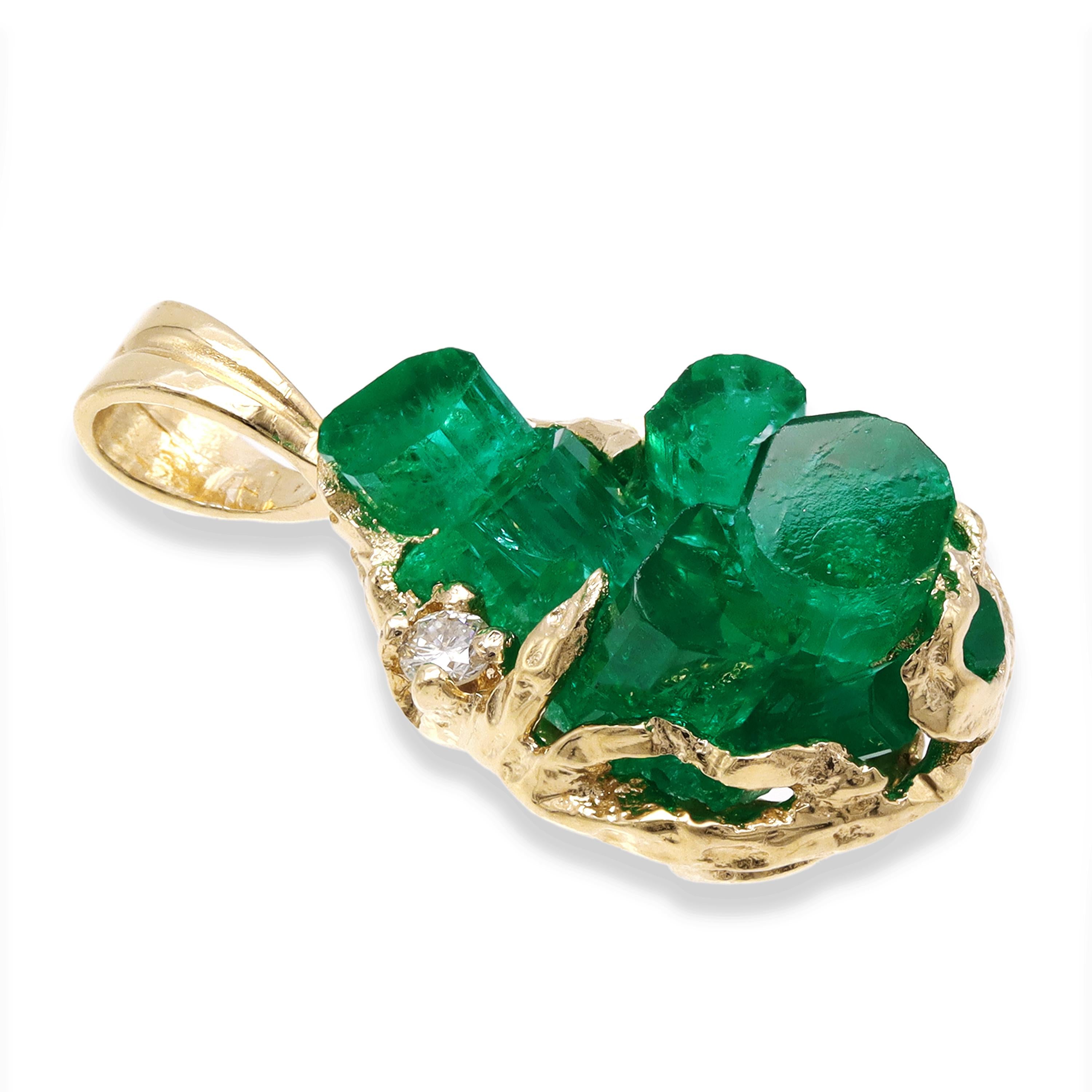 Vintage 14k Yellow Gold Chatham Rough Emerald and Diamond Pendant