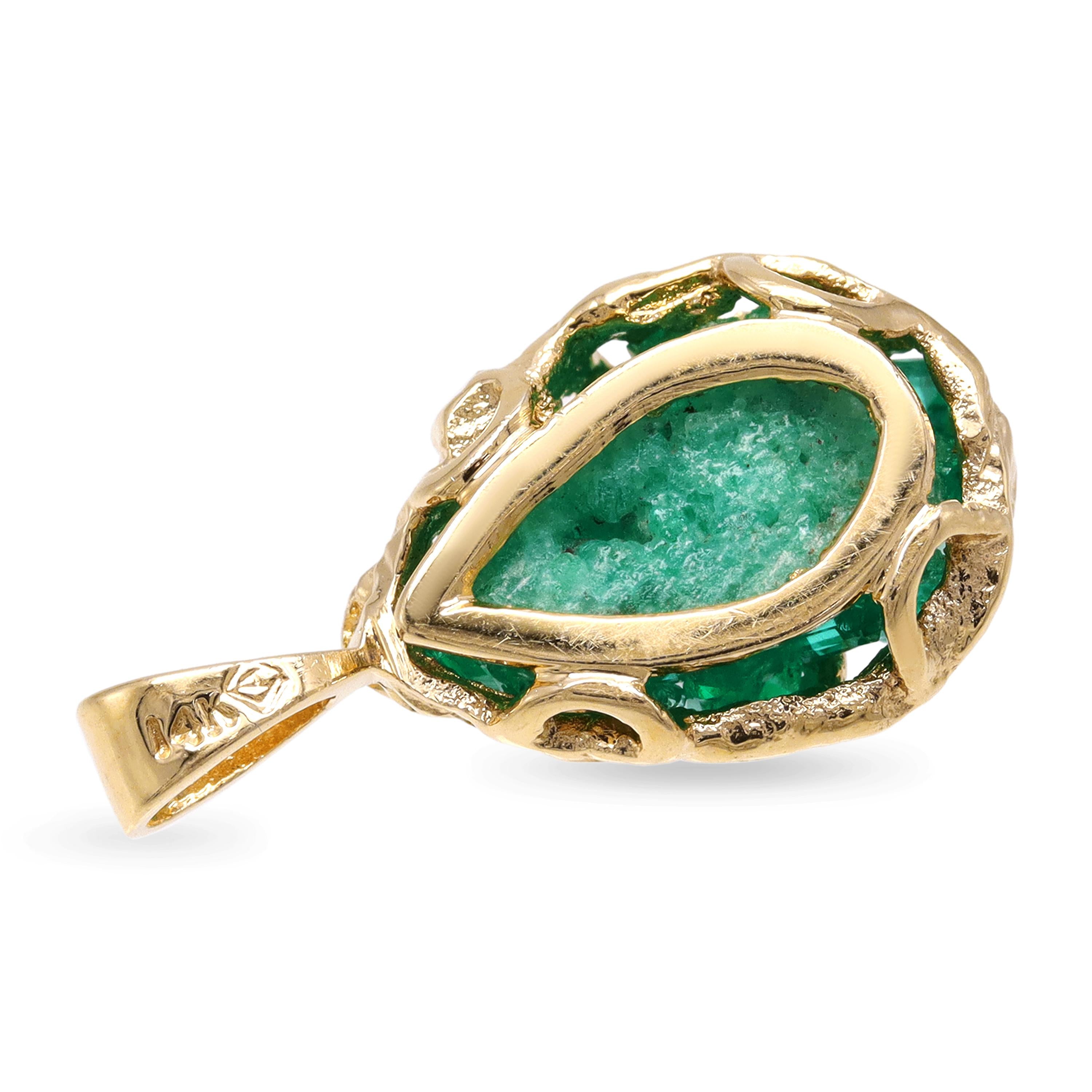 Vintage 14k Yellow Gold Chatham Rough Emerald and Diamond Pendant