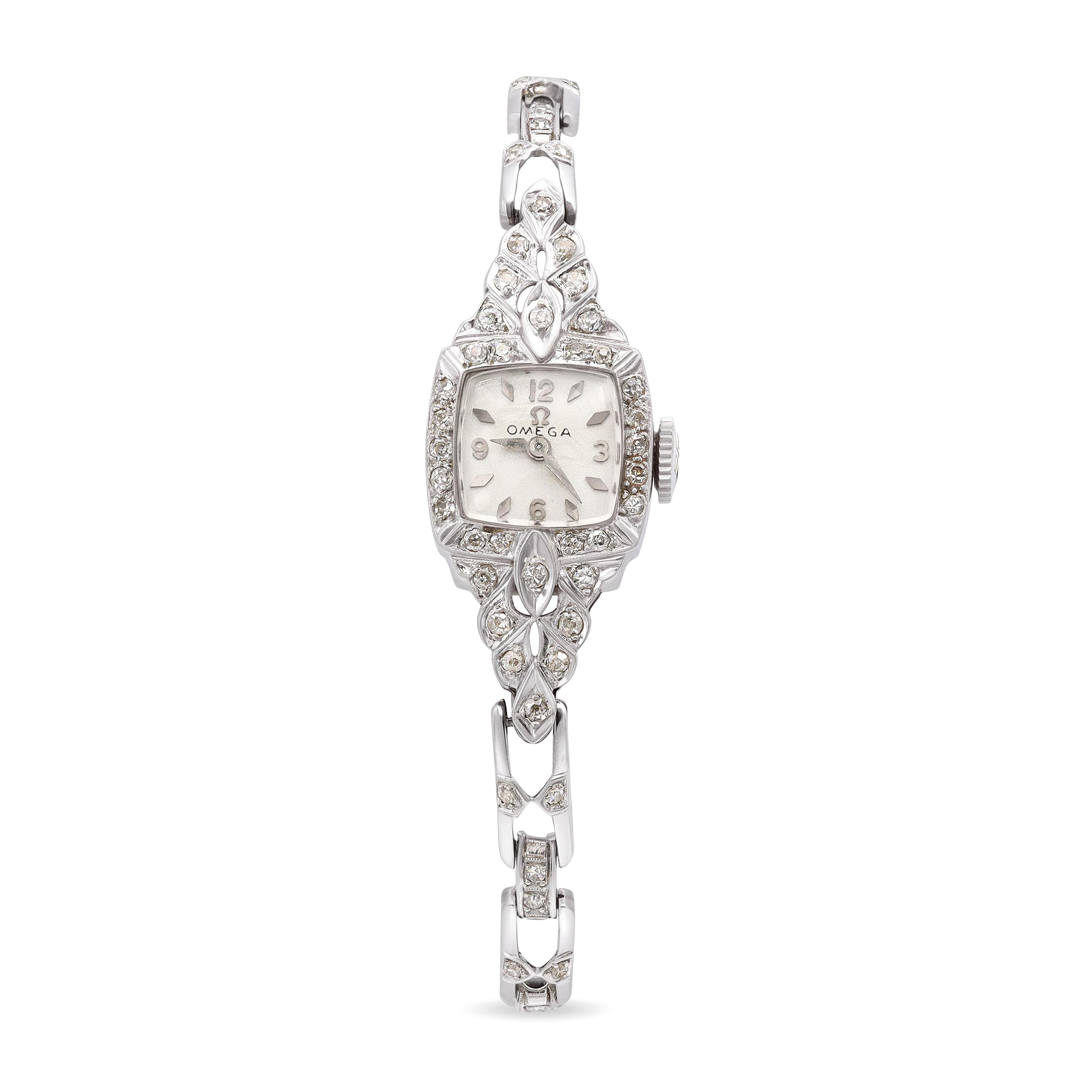 Vintage Omega Platinum Diamond Hand-Wind Women’s Cocktail Watch