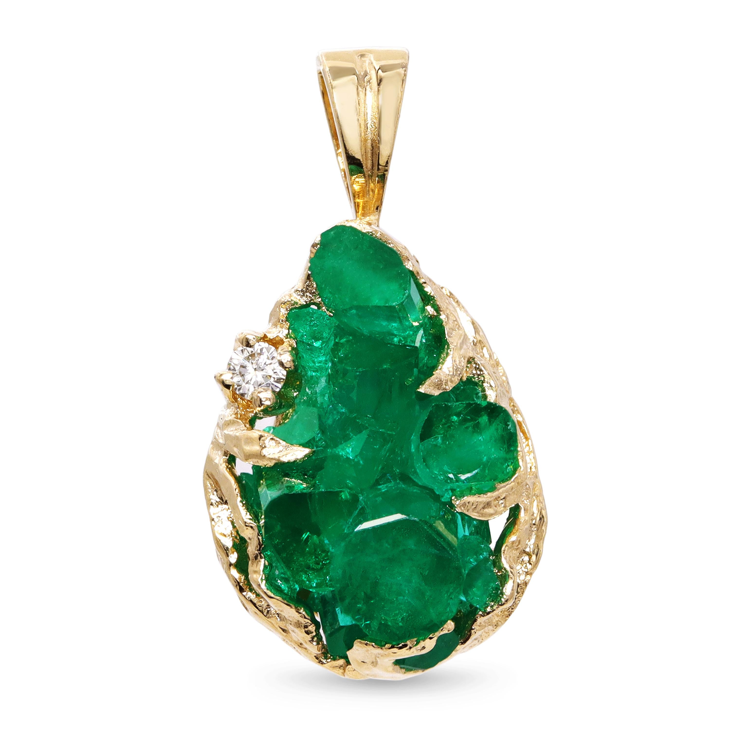 Vintage 14k Yellow Gold Chatham Rough Emerald and Diamond Pendant