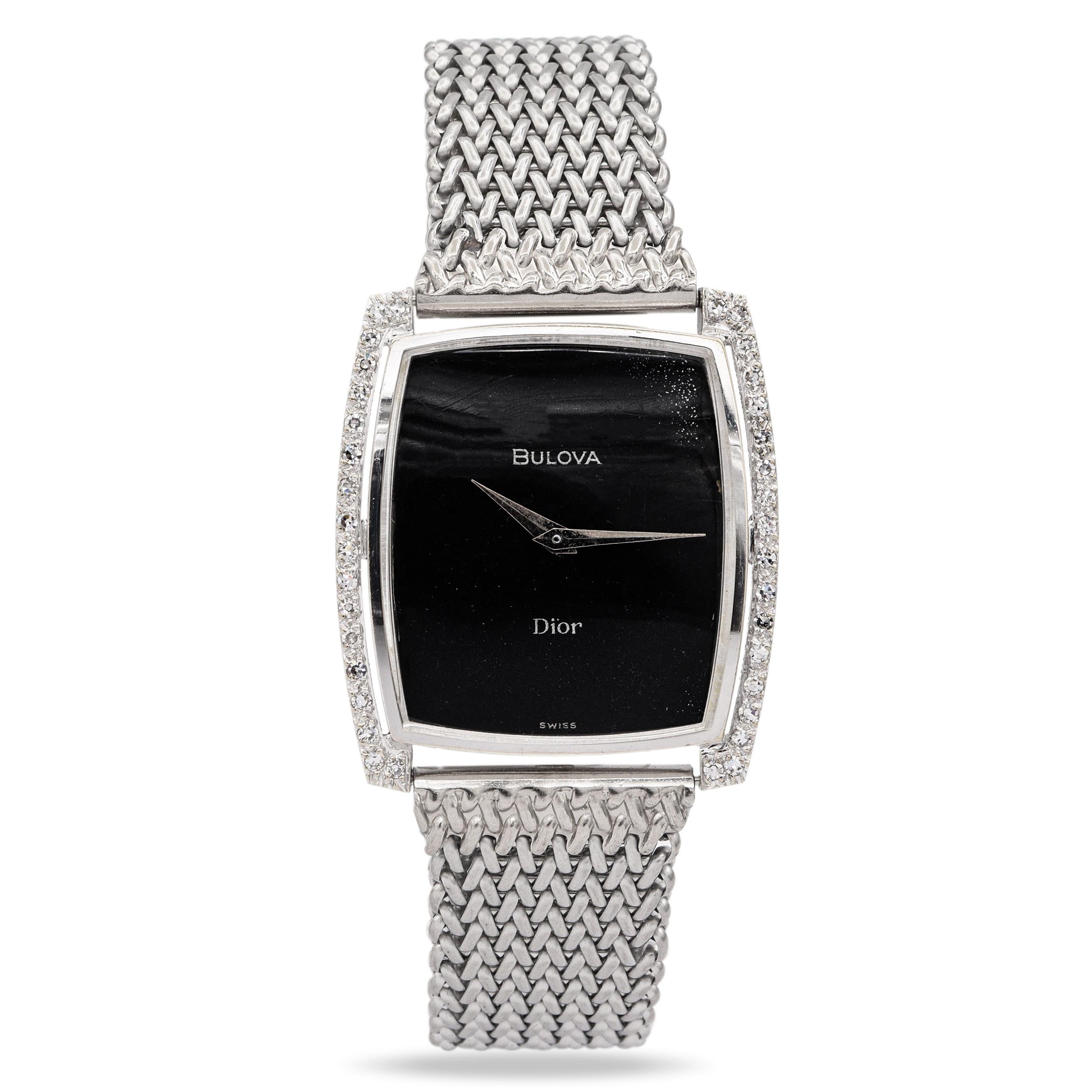 Vintage Bulova Dior 14k White Gold Diamond Bezel Hand Wind Men's Watch