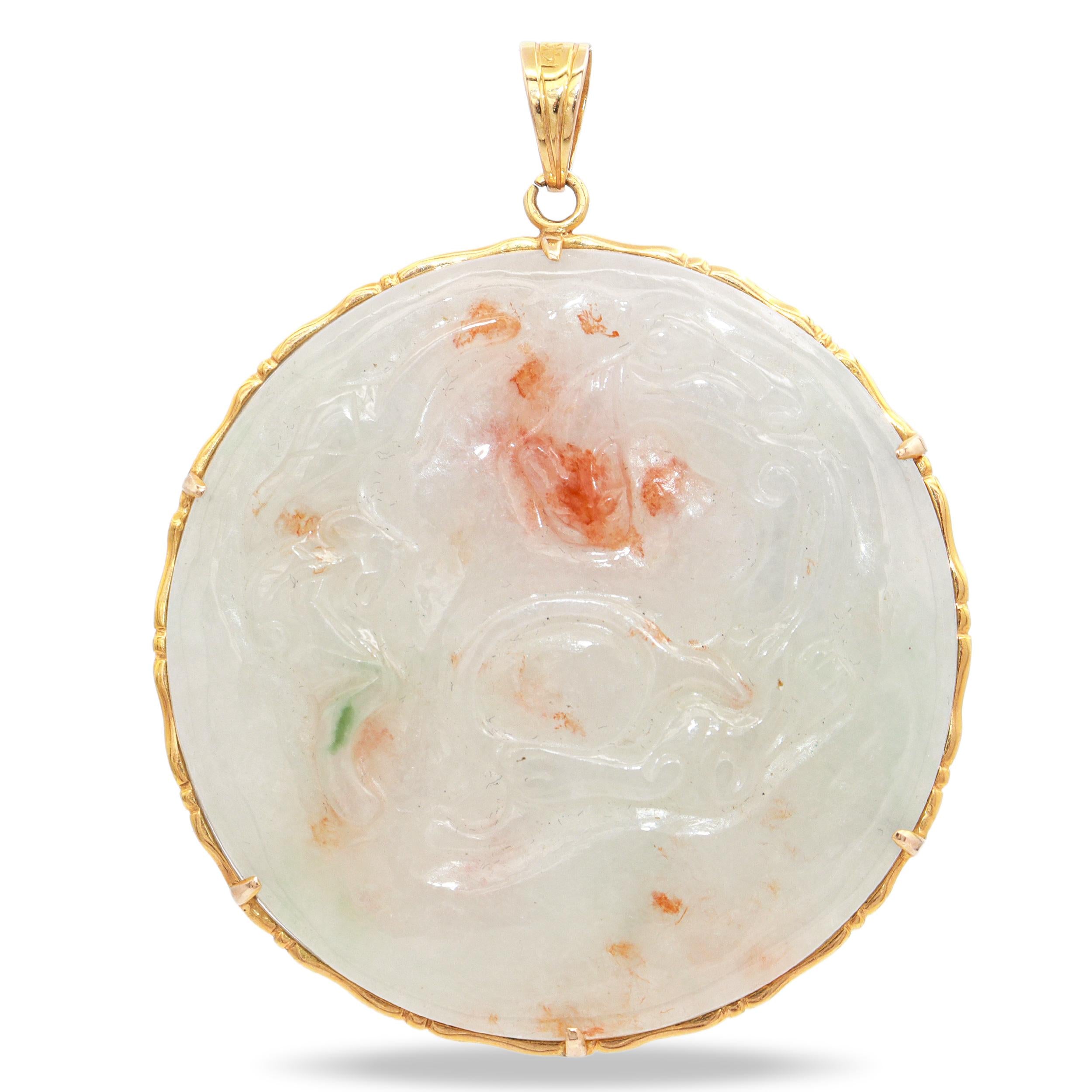 Vintage 14K Yellow Gold Mottled Jade Carved Disc Pendant