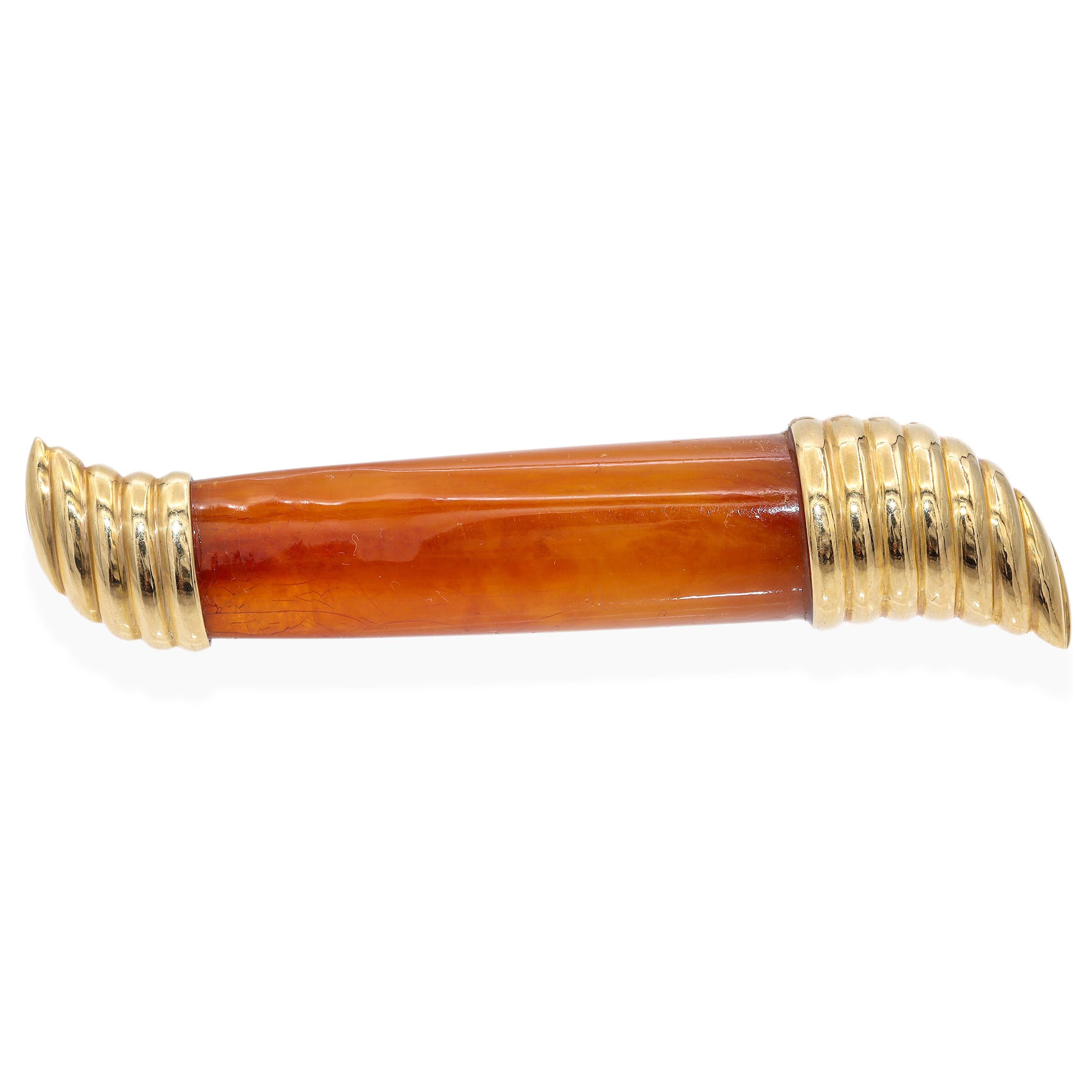 Vintage 18K Yellow Gold & Amber Brooch / Hair Ornament
