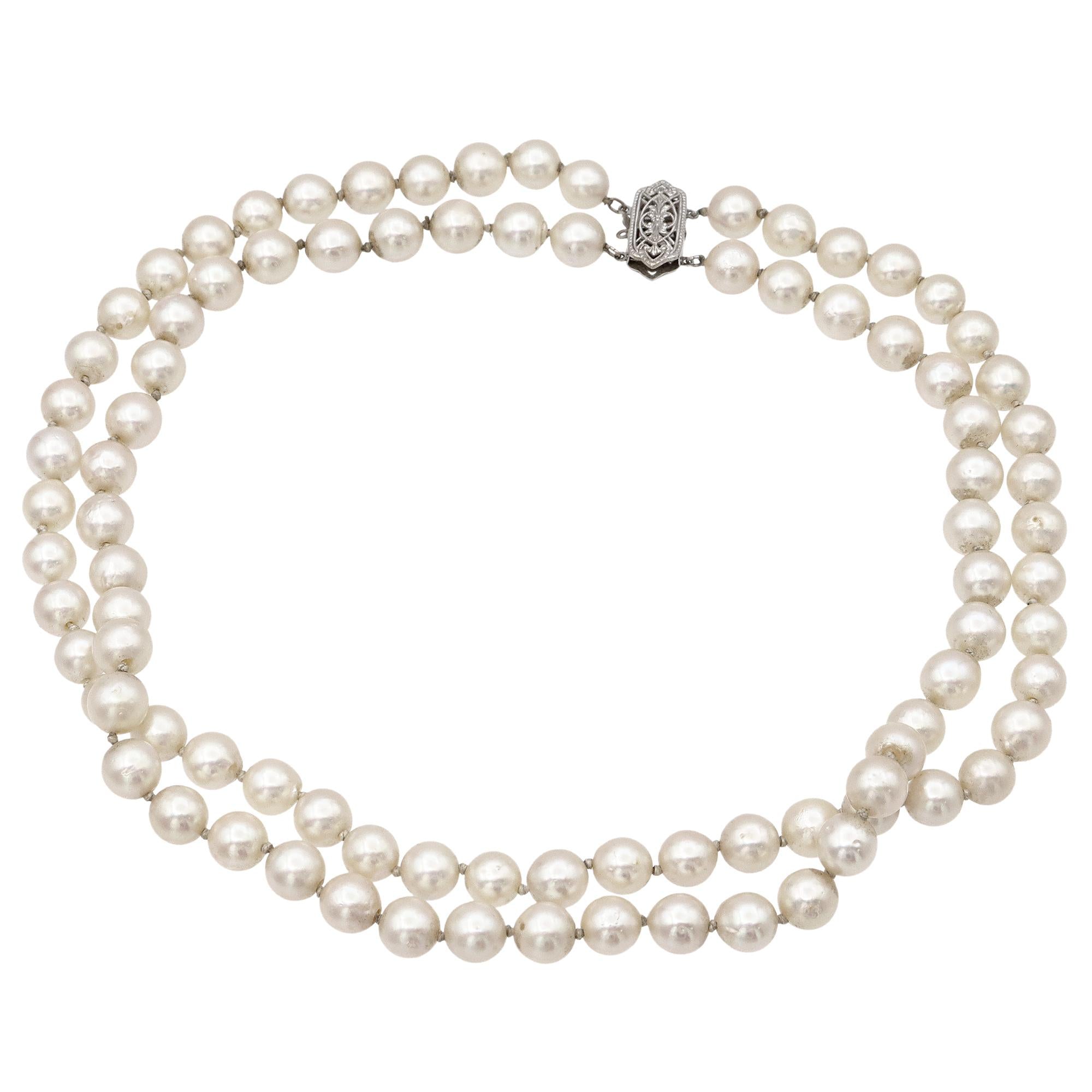 Vintage 14k White Gold Pearl Double Beaded Strand Necklace