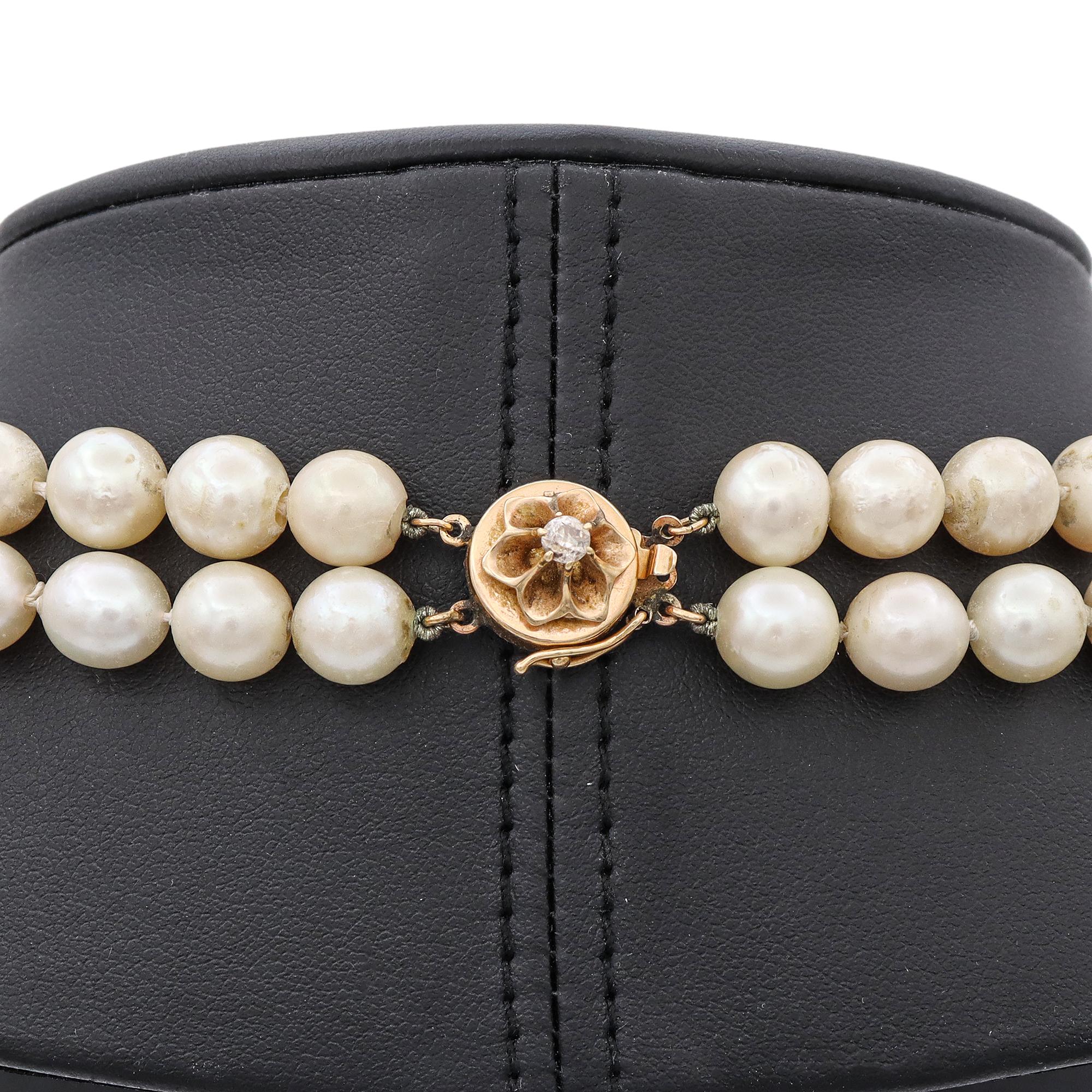 Vintage 14k Yellow Gold Diamond Pearl Beaded Double Strand Necklace