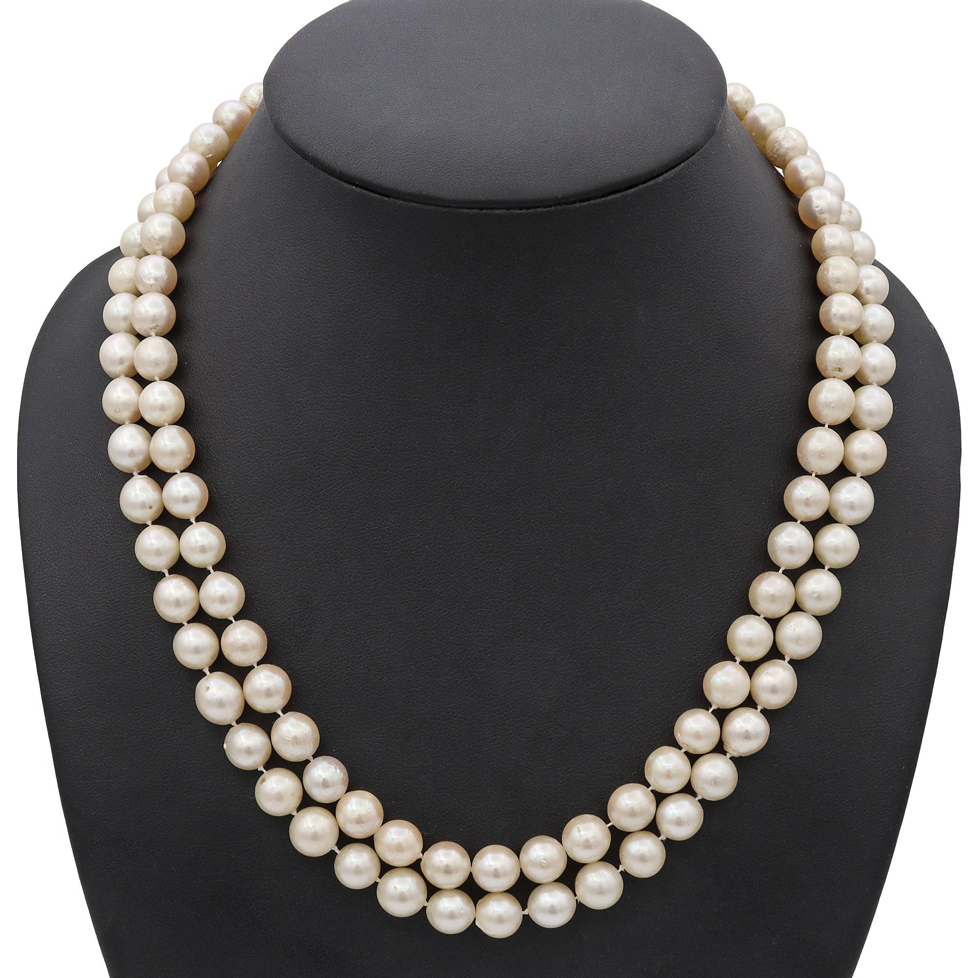 Vintage 14k Yellow Gold Diamond Pearl Beaded Double Strand Necklace