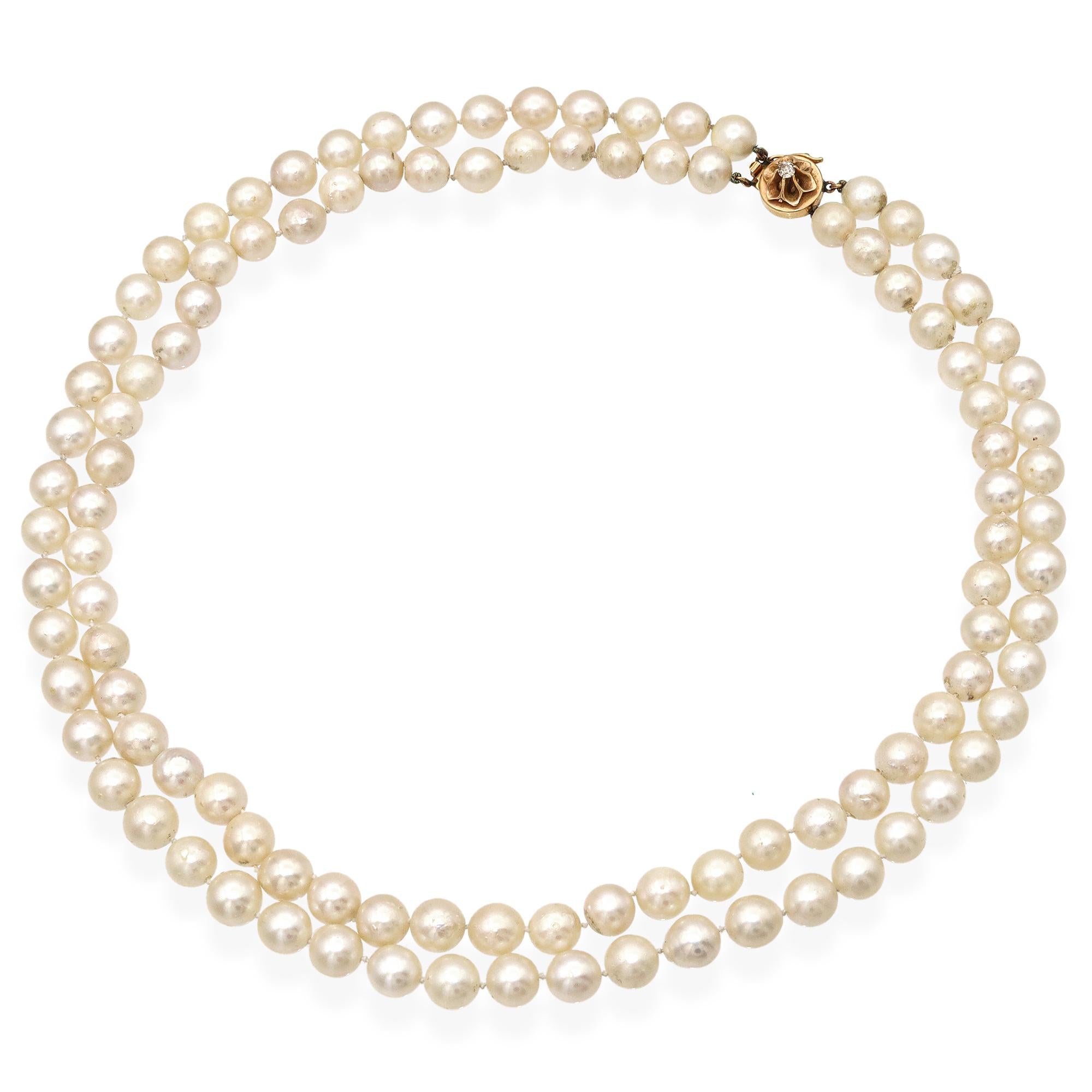 Vintage 14k Yellow Gold Diamond Pearl Beaded Double Strand Necklace