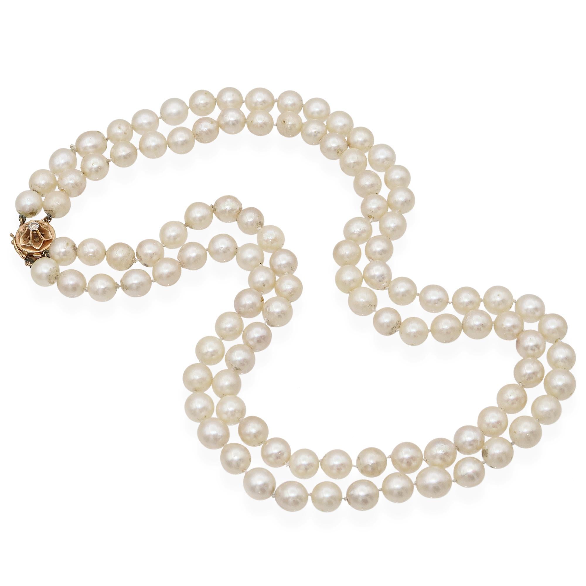 Vintage 14k Yellow Gold Diamond Pearl Beaded Double Strand Necklace