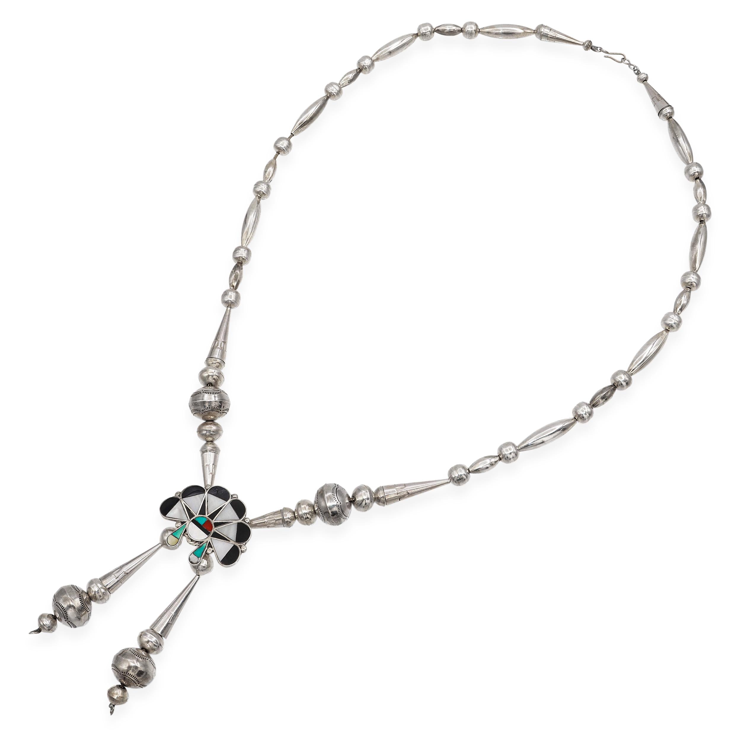 Vintage Southwest Zuni Sterling Silver Multi-Stone Inlay Statement Necklace
