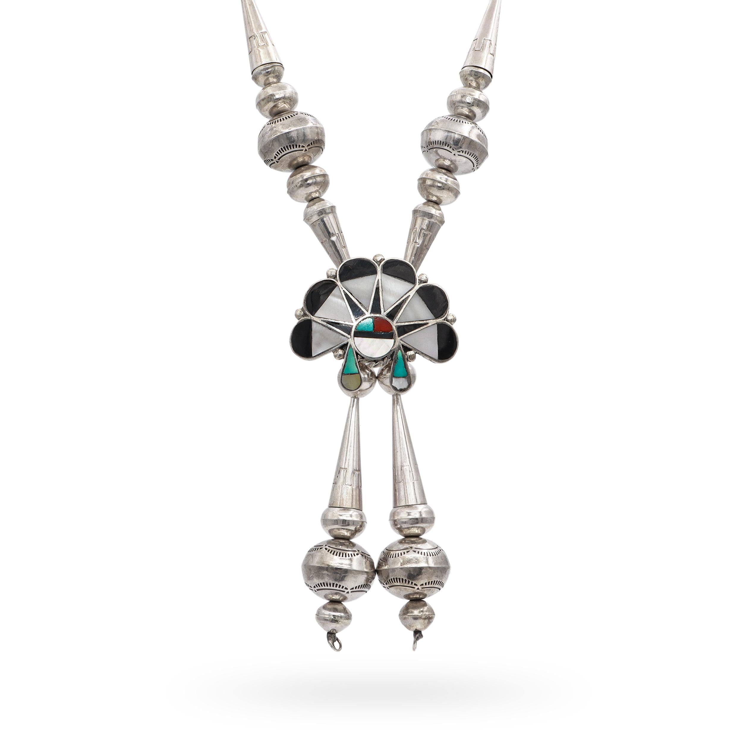 Vintage Southwest Zuni Sterling Silver Multi-Stone Inlay Statement Necklace