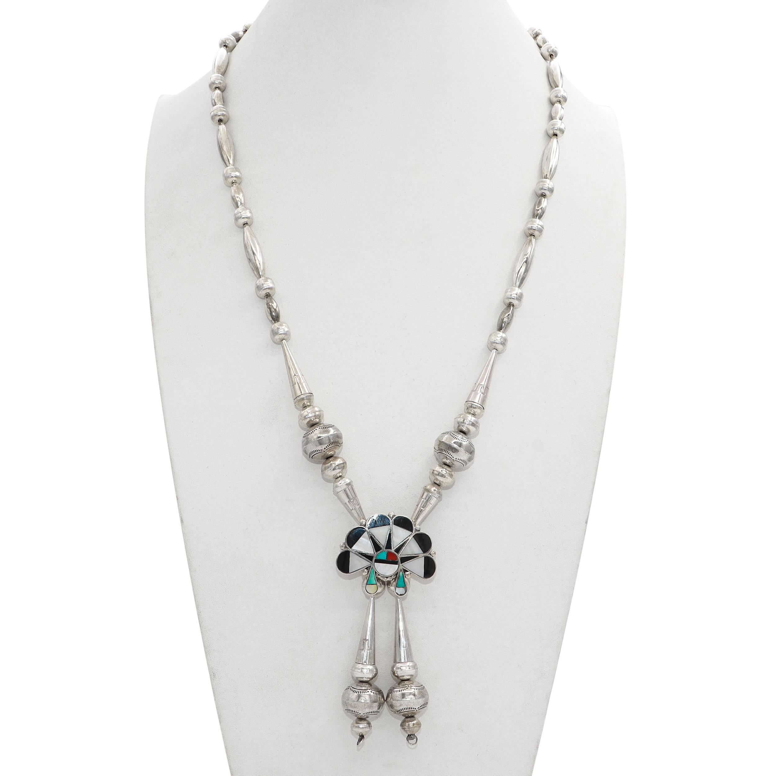 Vintage Southwest Zuni Sterling Silver Multi-Stone Inlay Statement Necklace
