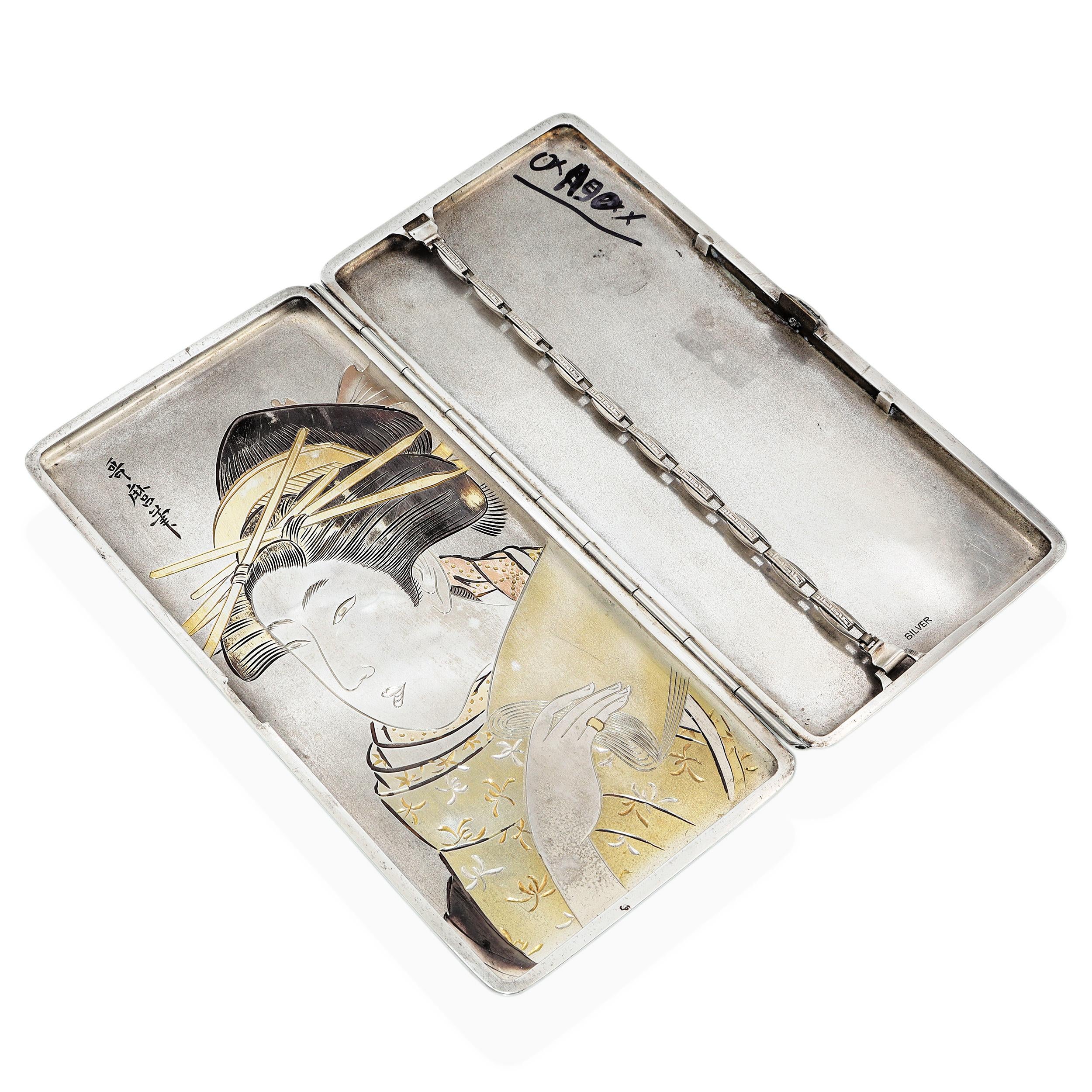 Antique Japanese Sterling Silver Cigarette Case Geisha Bijin Shibayama Artwork