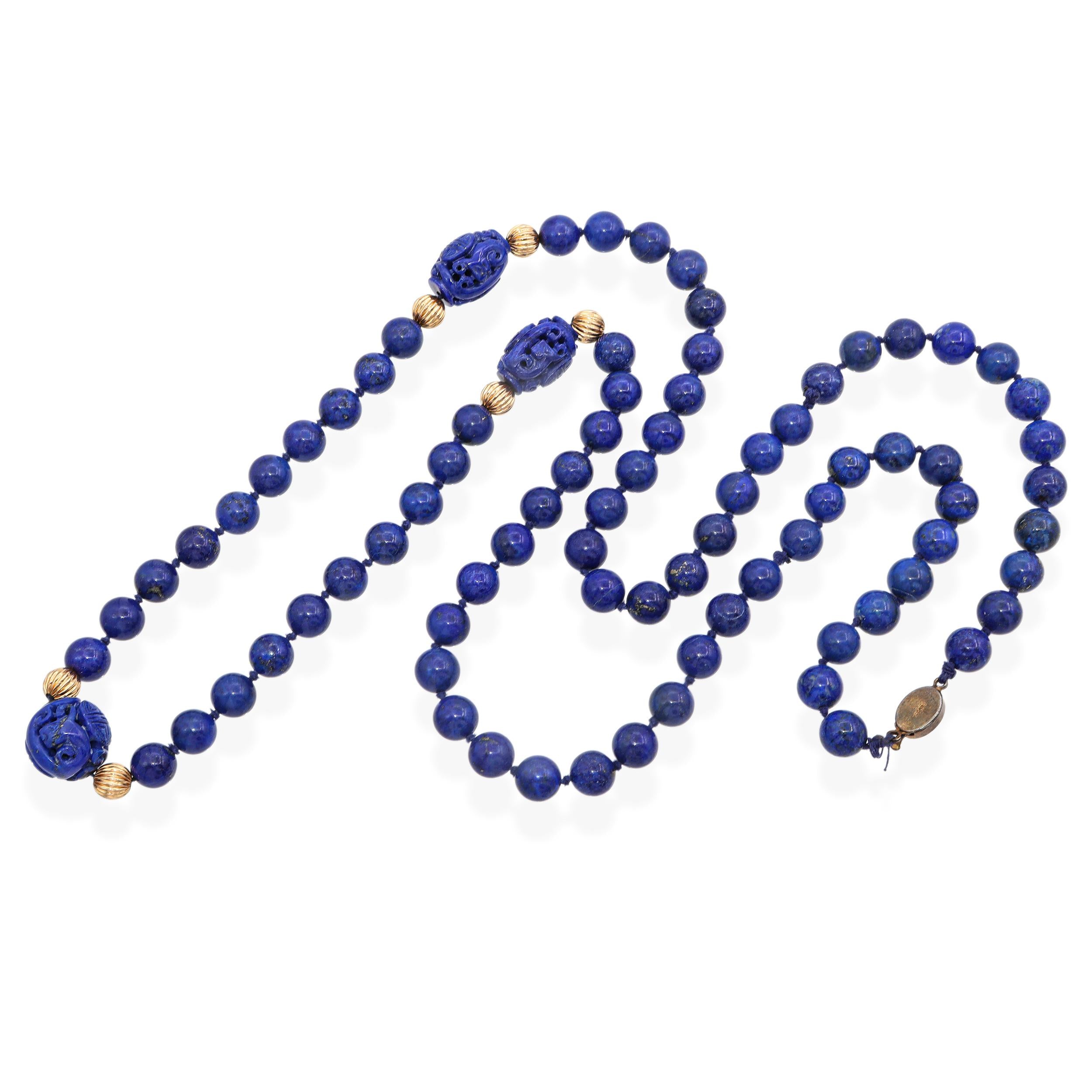 Vintage Carved Lapis Lazuli & 14K Yellow Gold Accent Beaded Strand Necklace
