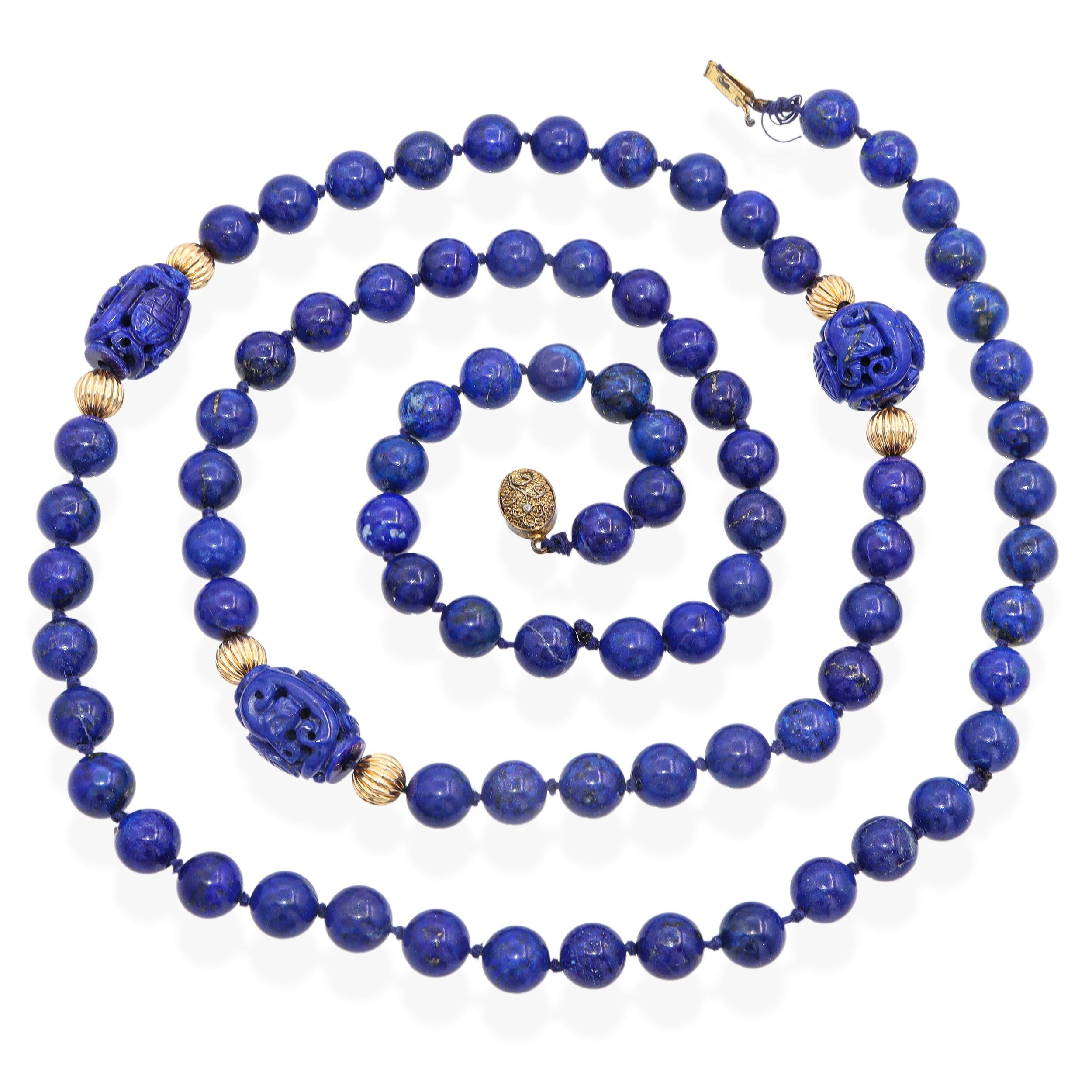 Vintage Carved Lapis Lazuli & 14K Yellow Gold Accent Beaded Strand Necklace