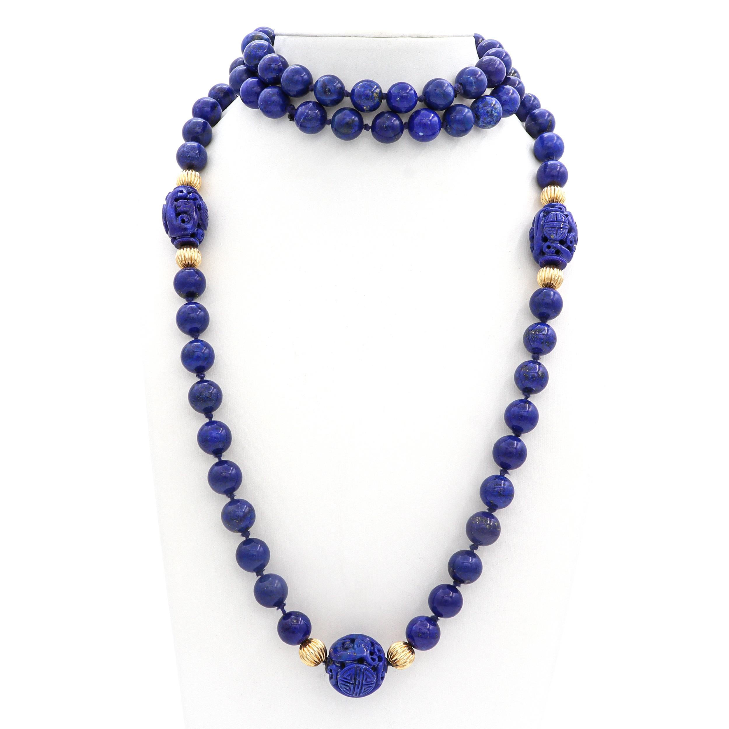 Vintage Carved Lapis Lazuli & 14K Yellow Gold Accent Beaded Strand Necklace