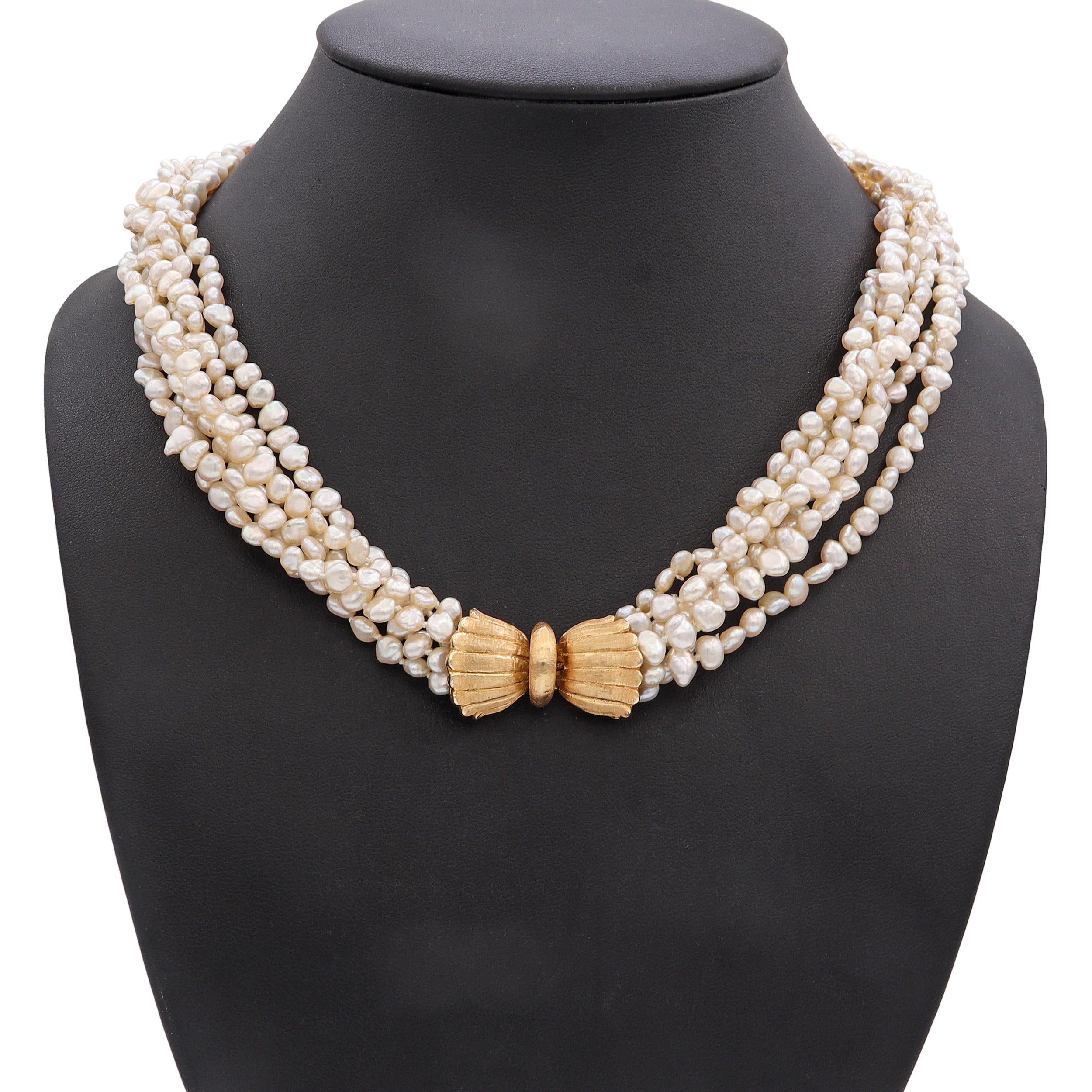Vintage Yellow Gold Multi Strand Pearl Necklace