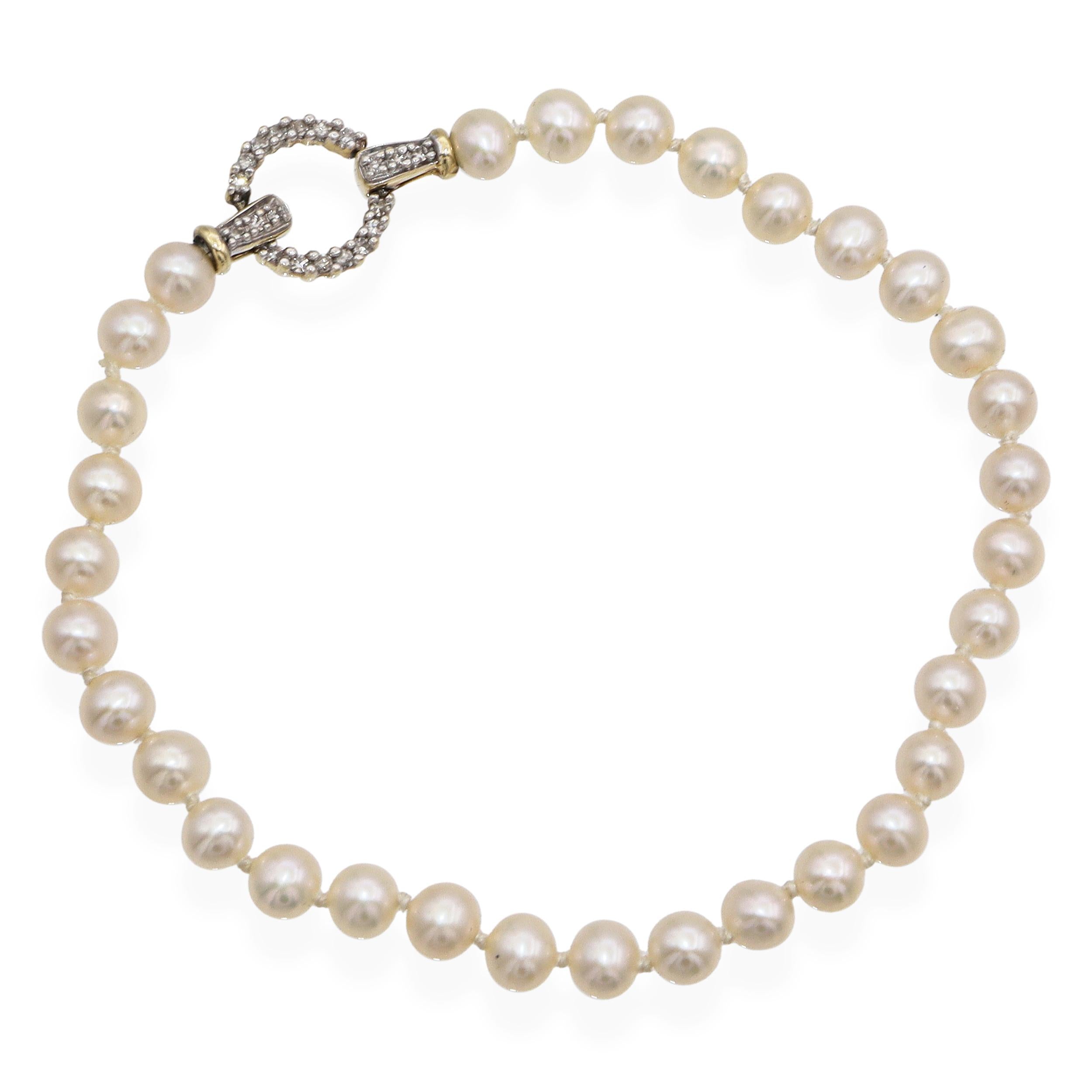 Vintage 14K Yellow Gold Diamond Clasp Pearl Beaded Strand Bracelet