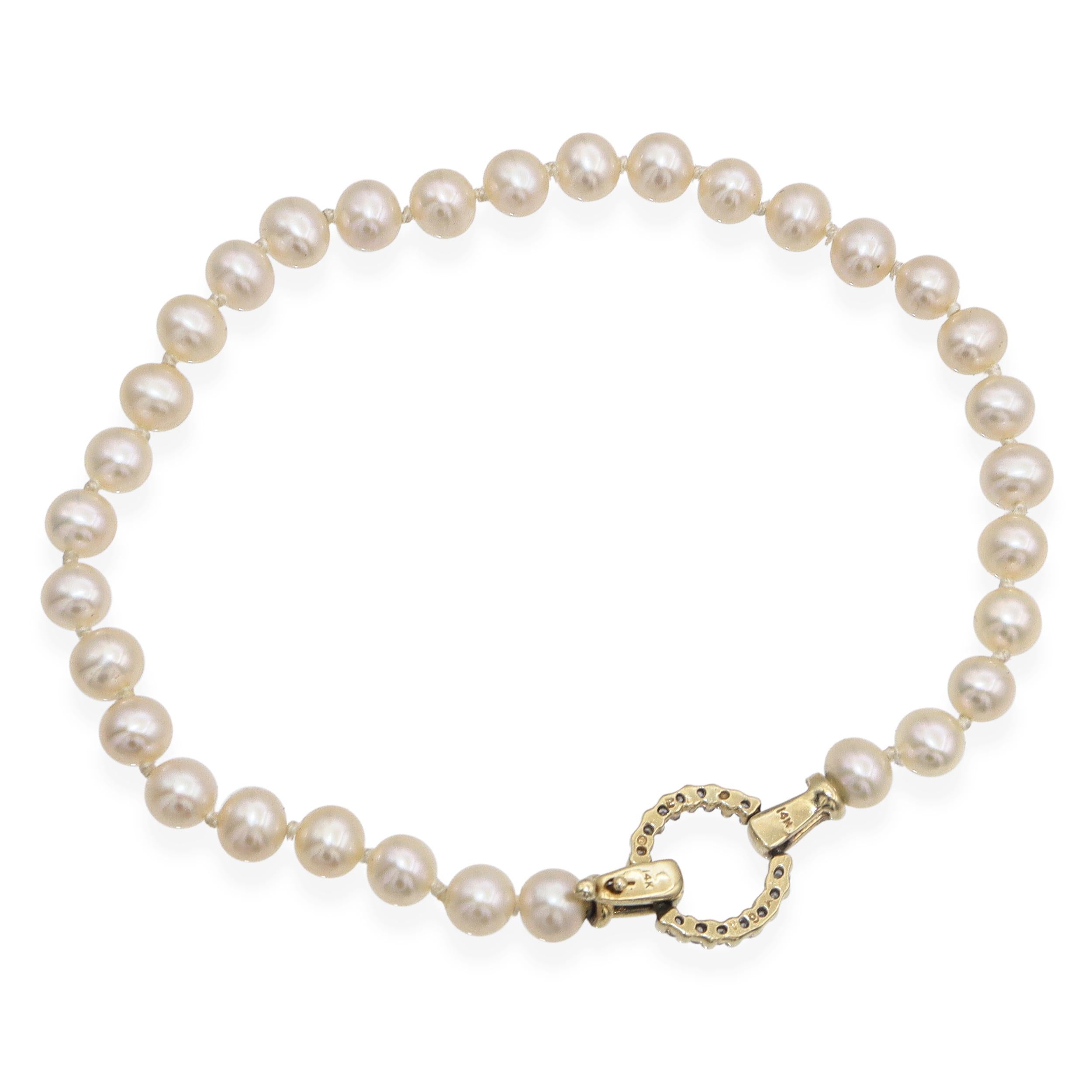 Vintage 14K Yellow Gold Diamond Clasp Pearl Beaded Strand Bracelet