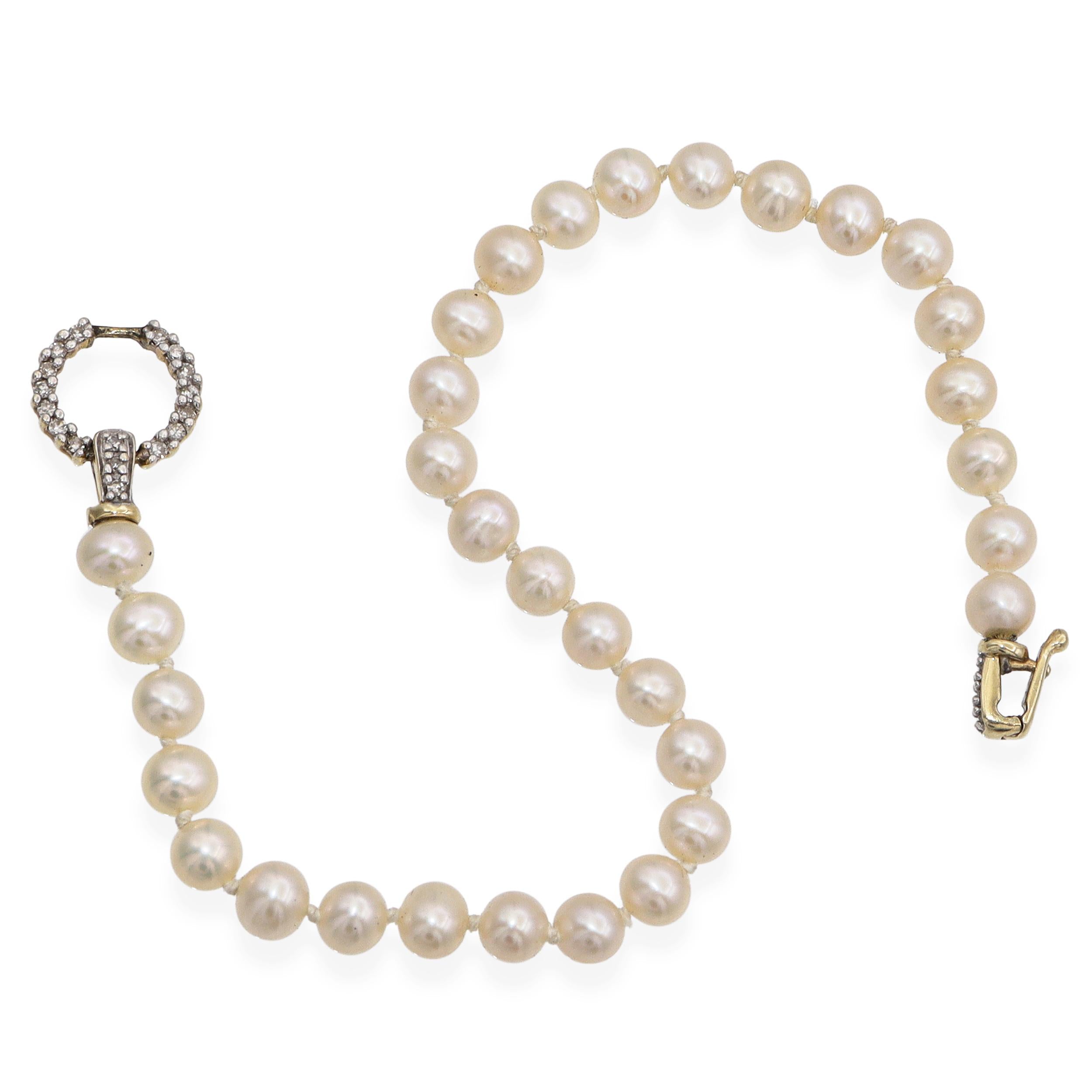 Vintage 14K Yellow Gold Diamond Clasp Pearl Beaded Strand Bracelet