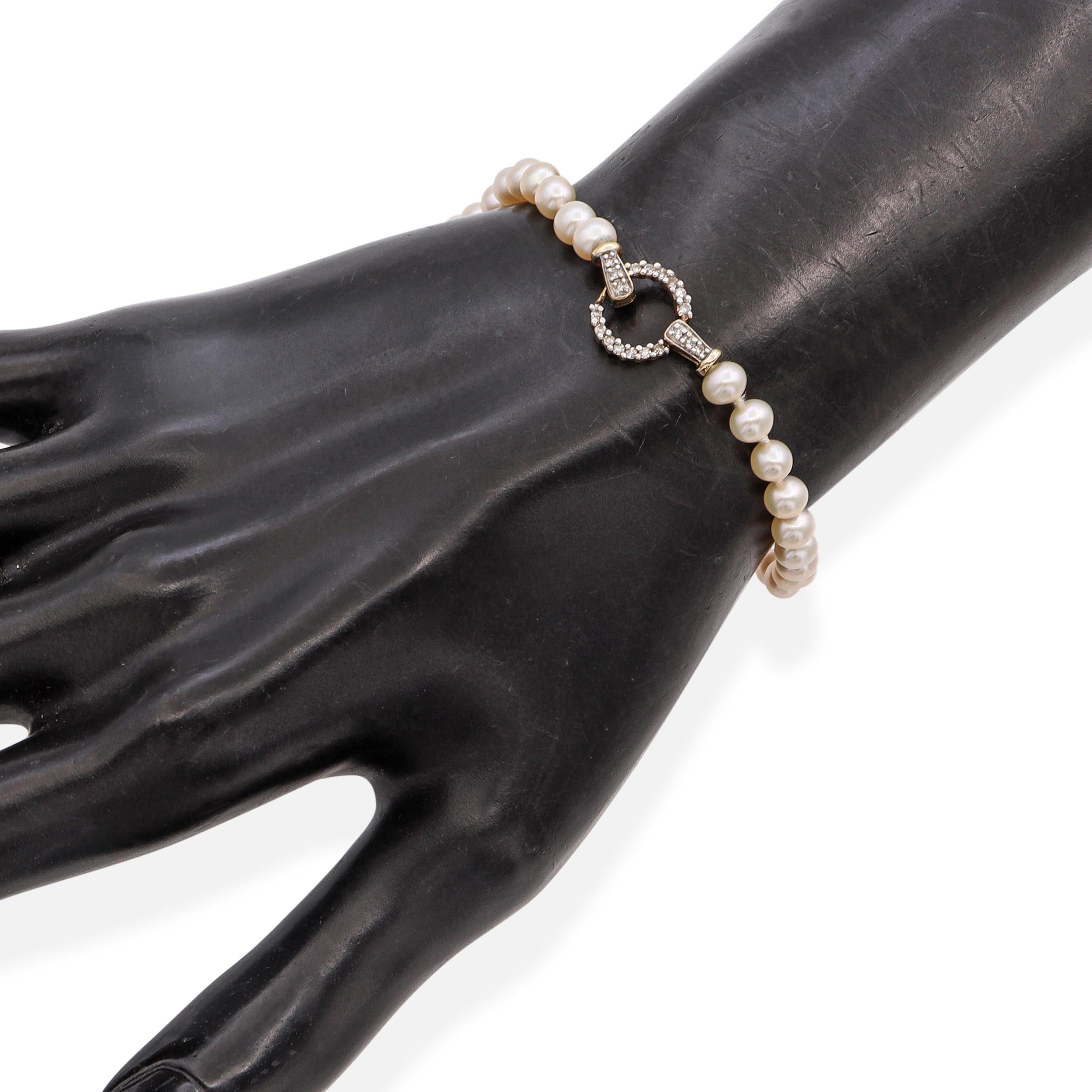 Vintage 14K Yellow Gold Diamond Clasp Pearl Beaded Strand Bracelet