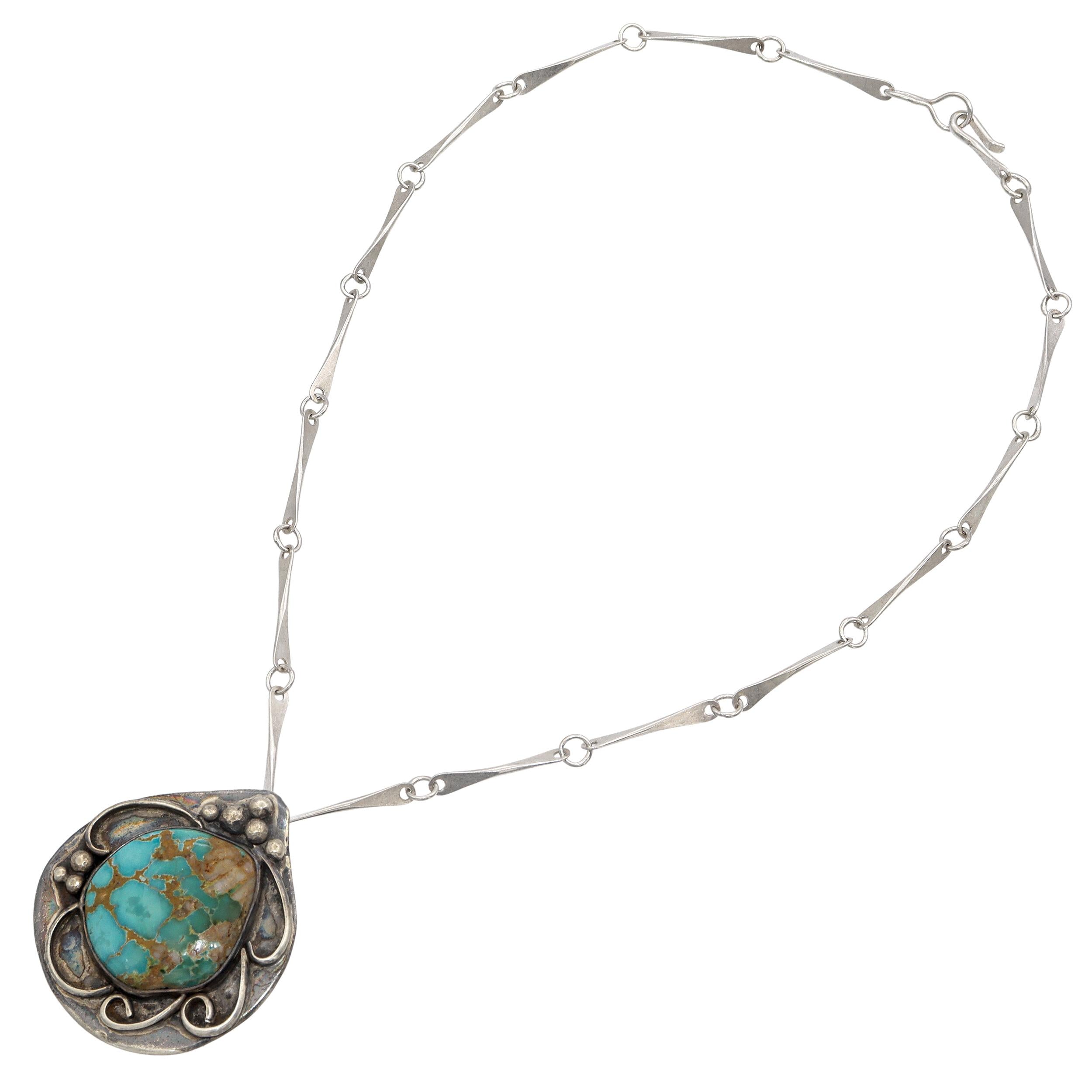 Vintage Southwestern PJ Signed Sterling Silver Turquoise Pendant Necklace