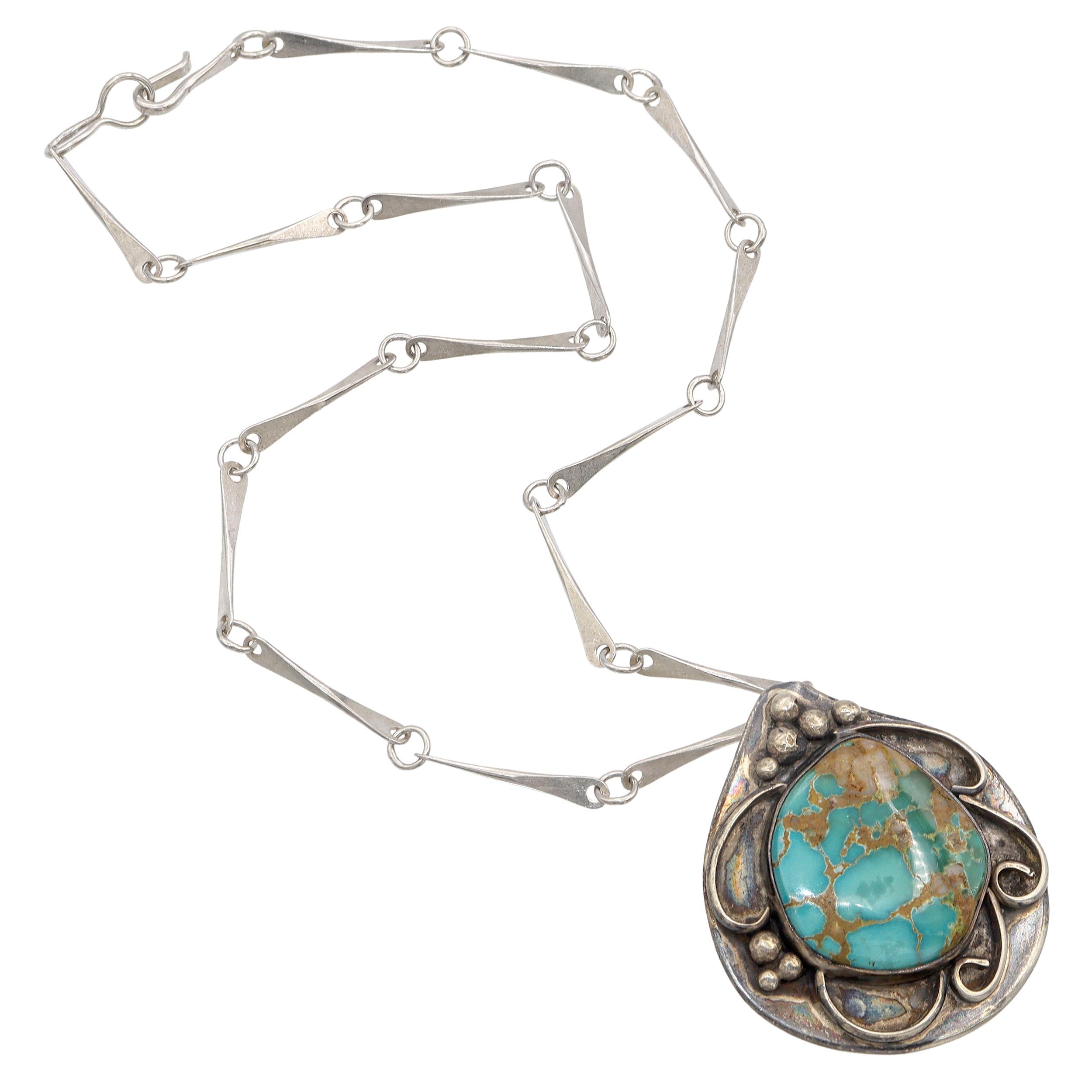 Vintage Southwestern PJ Signed Sterling Silver Turquoise Pendant Necklace