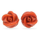 Vintage 18k Yellow Gold Hand Carved Coral Rose Stud Earrings