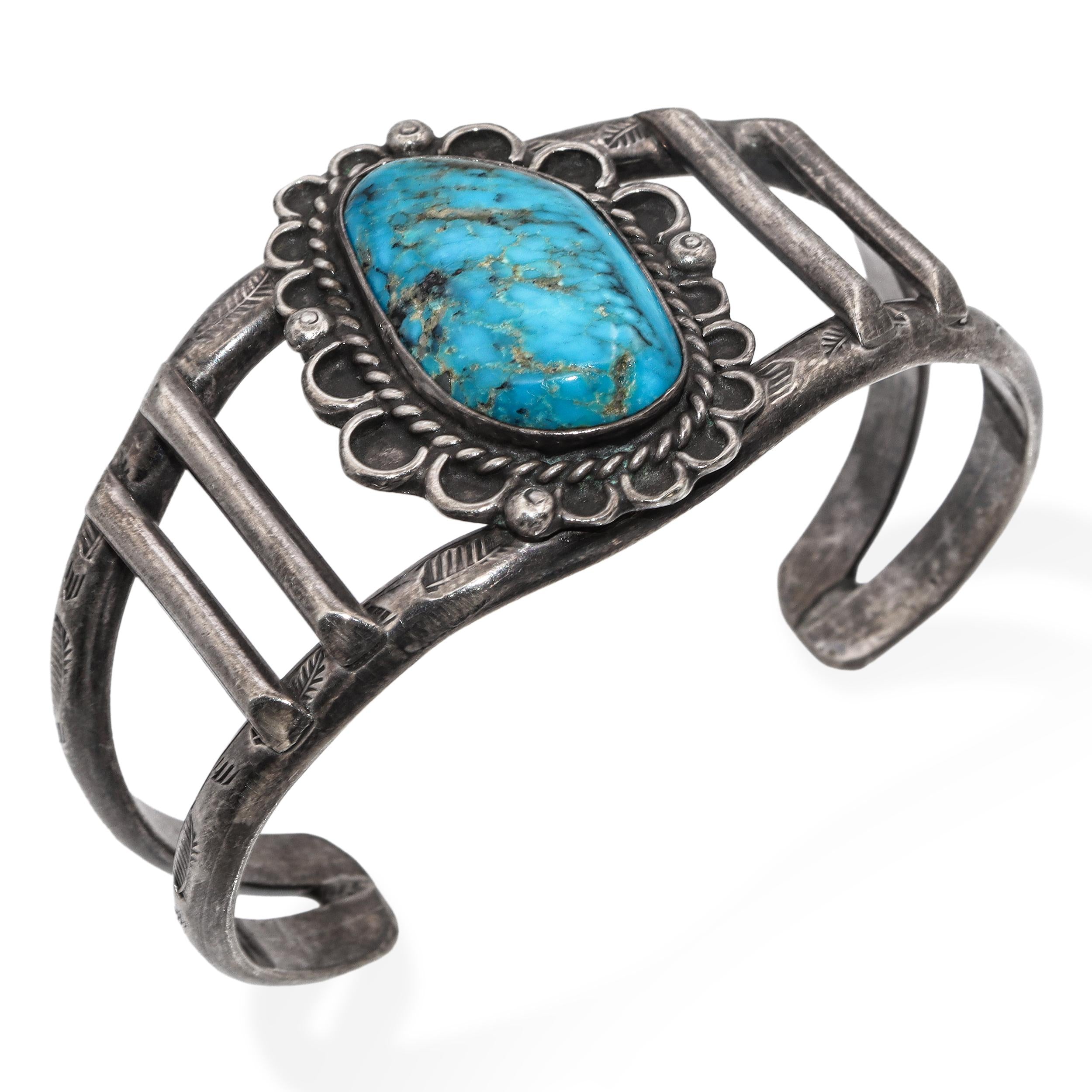 Vintage Navajo Sterling Silver Turquoise Single Stone Cuff Bracelet