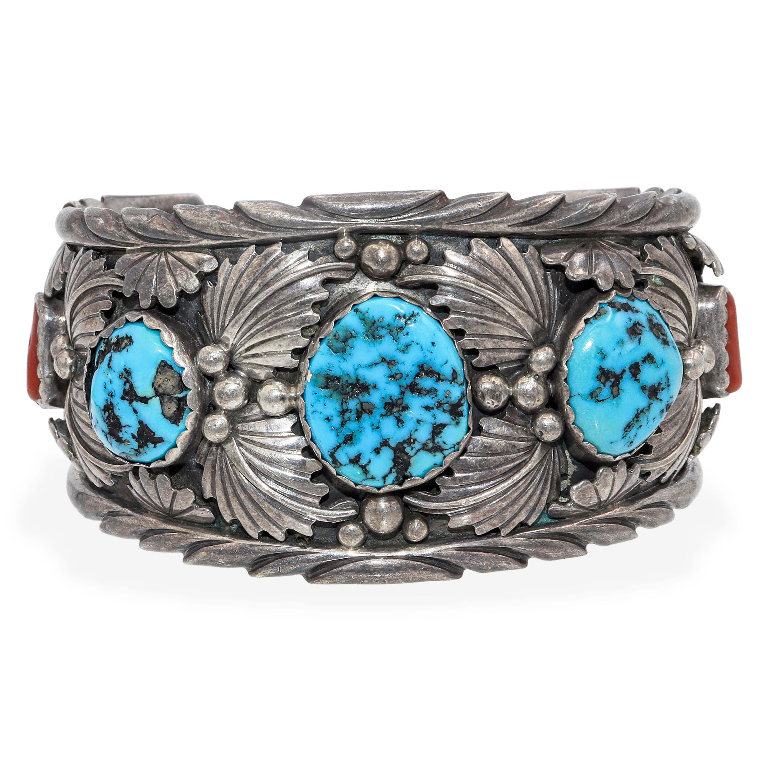 Vintage Navajo T. Billie Sterling Silver Turquoise & Red Coral Cuff Bracelet