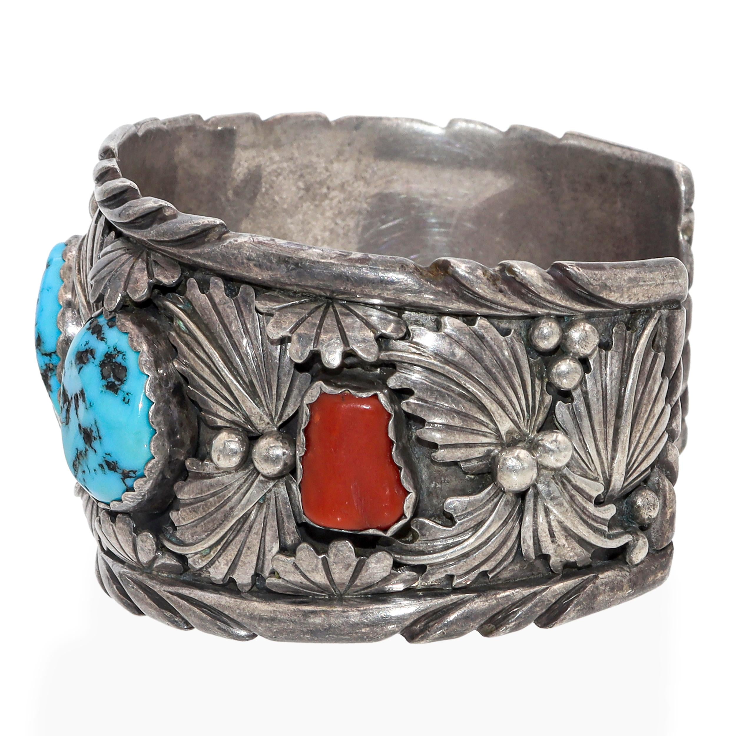 Vintage Navajo T. Billie Sterling Silver Turquoise & Red Coral Cuff Bracelet