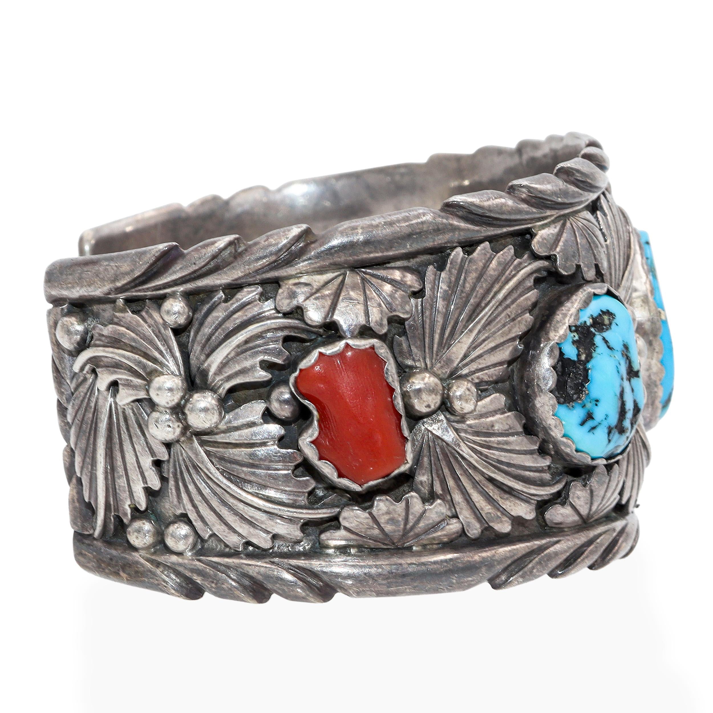 Vintage Navajo T. Billie Sterling Silver Turquoise & Red Coral Cuff Bracelet