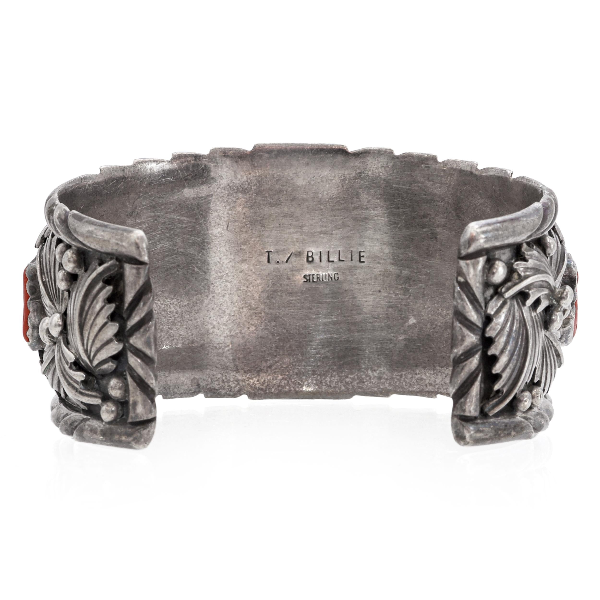 Vintage Navajo T. Billie Sterling Silver Turquoise & Red Coral Cuff Bracelet