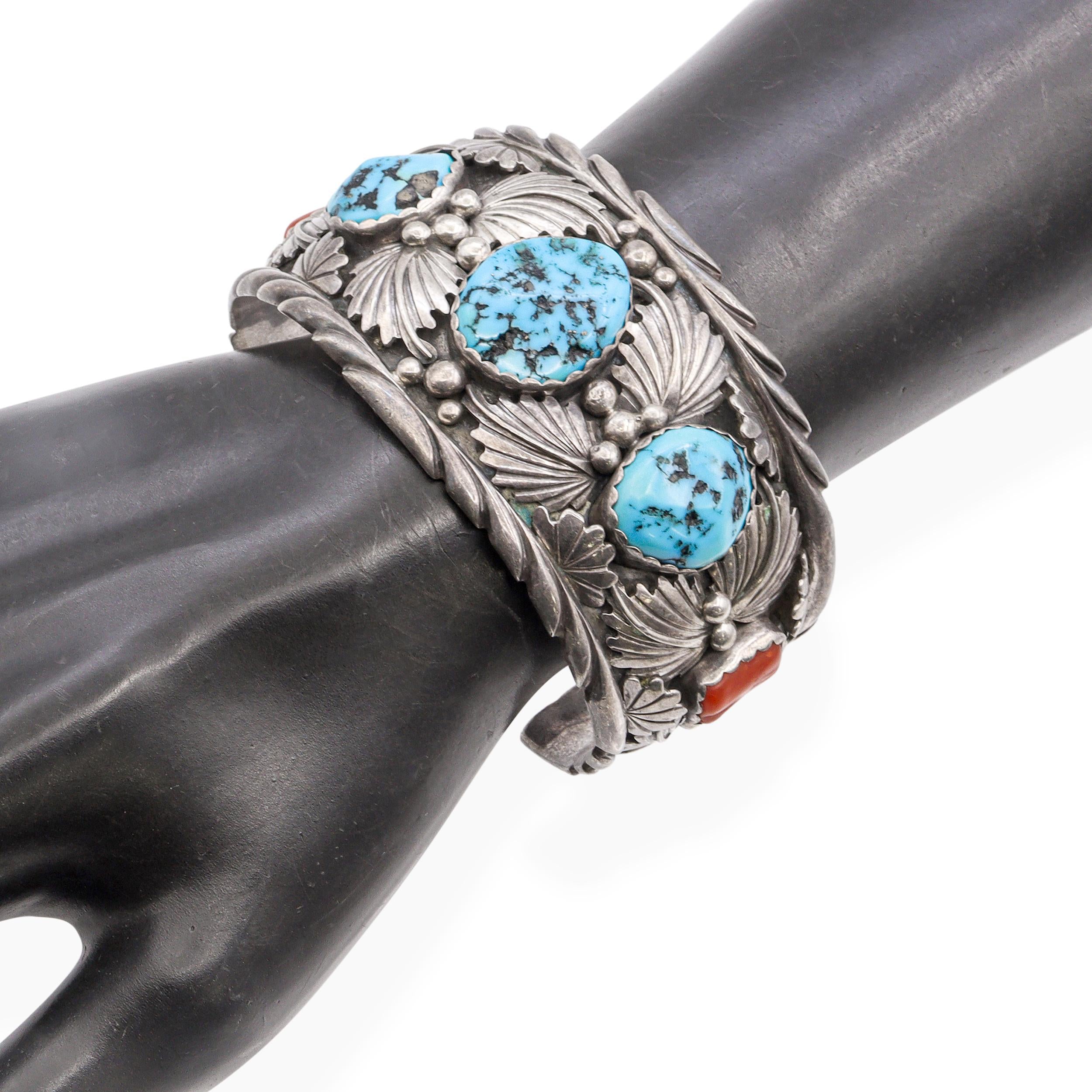 Vintage Navajo T. Billie Sterling Silver Turquoise & Red Coral Cuff Bracelet